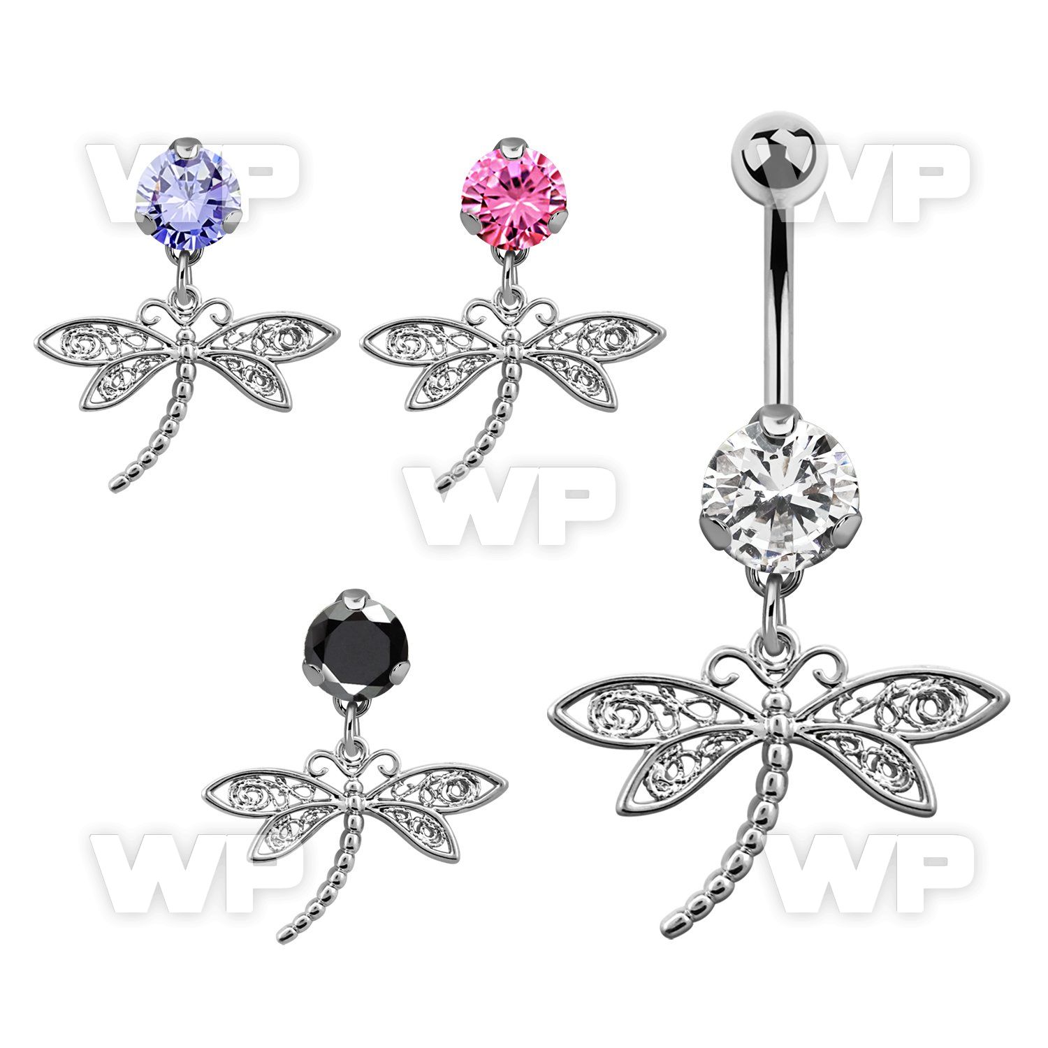 bnrz566 casted steel cz belly banana w dangling dragonfly