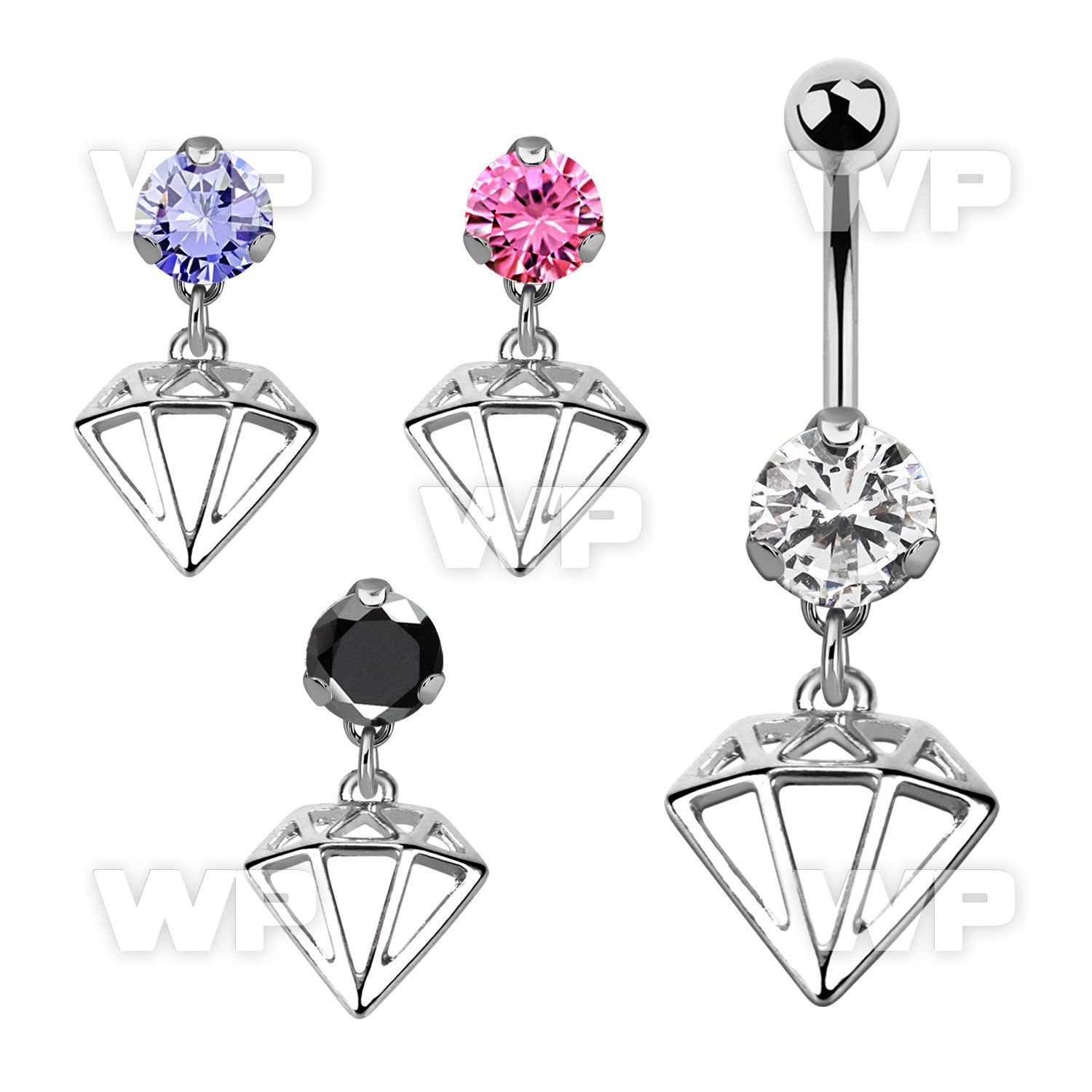 bnrz575 casted steel cz belly banana w dangling diamond shaped