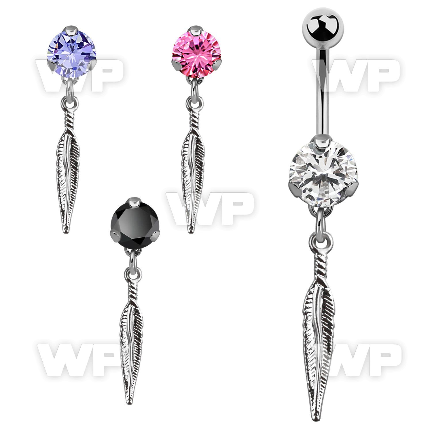 bnrz583 casted steel cz belly banana w dangling small feather