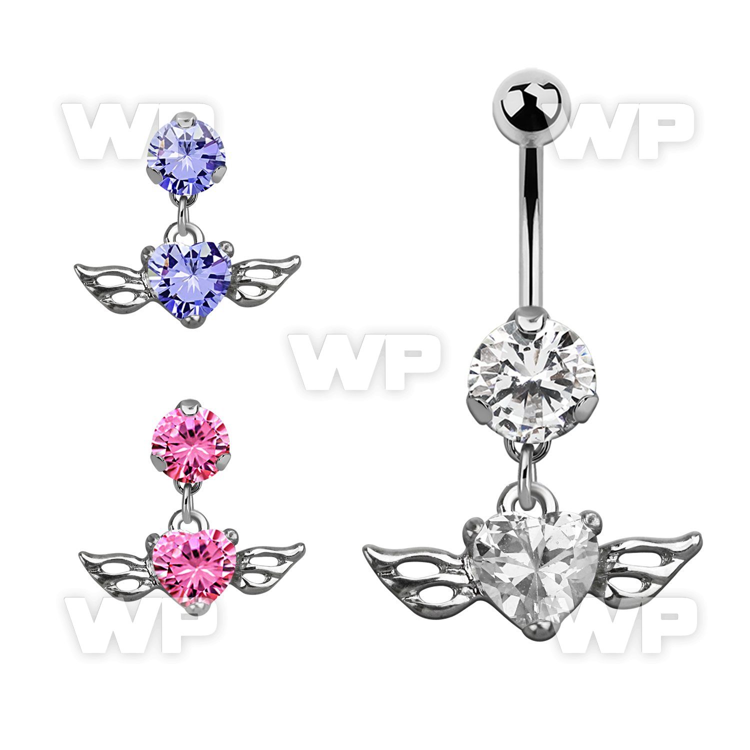 bnrz586 casted steel cz belly banana w heart shaped cz w wings