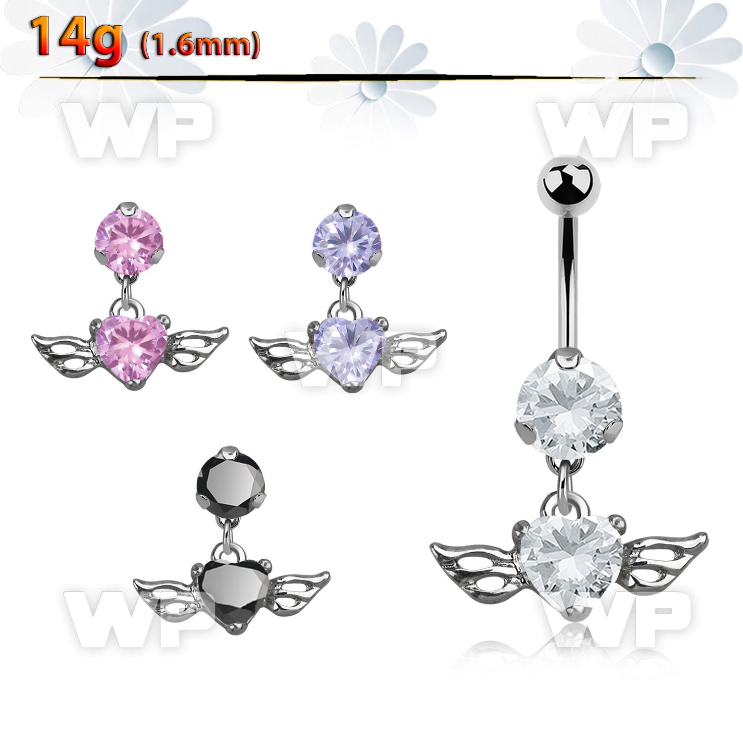 bnrz586 casted steel cz belly banana w heart shaped cz w wings