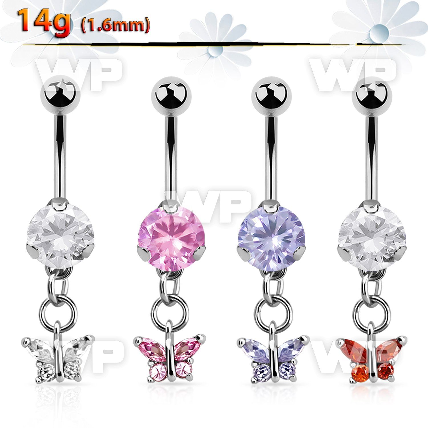 bnrz589 casted steel cz belly banana w small butterfly w cz