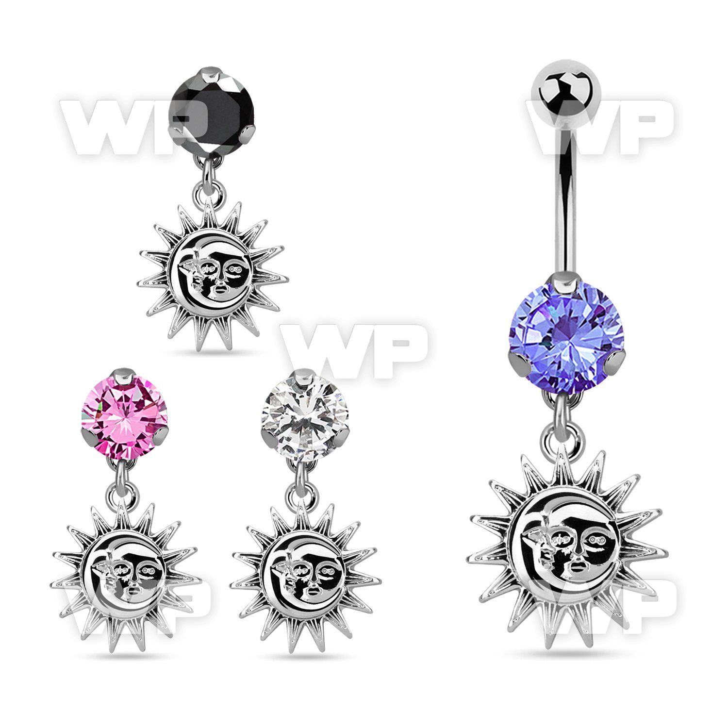 bnrz726 casted steel cz belly banana w dangling plain sun 