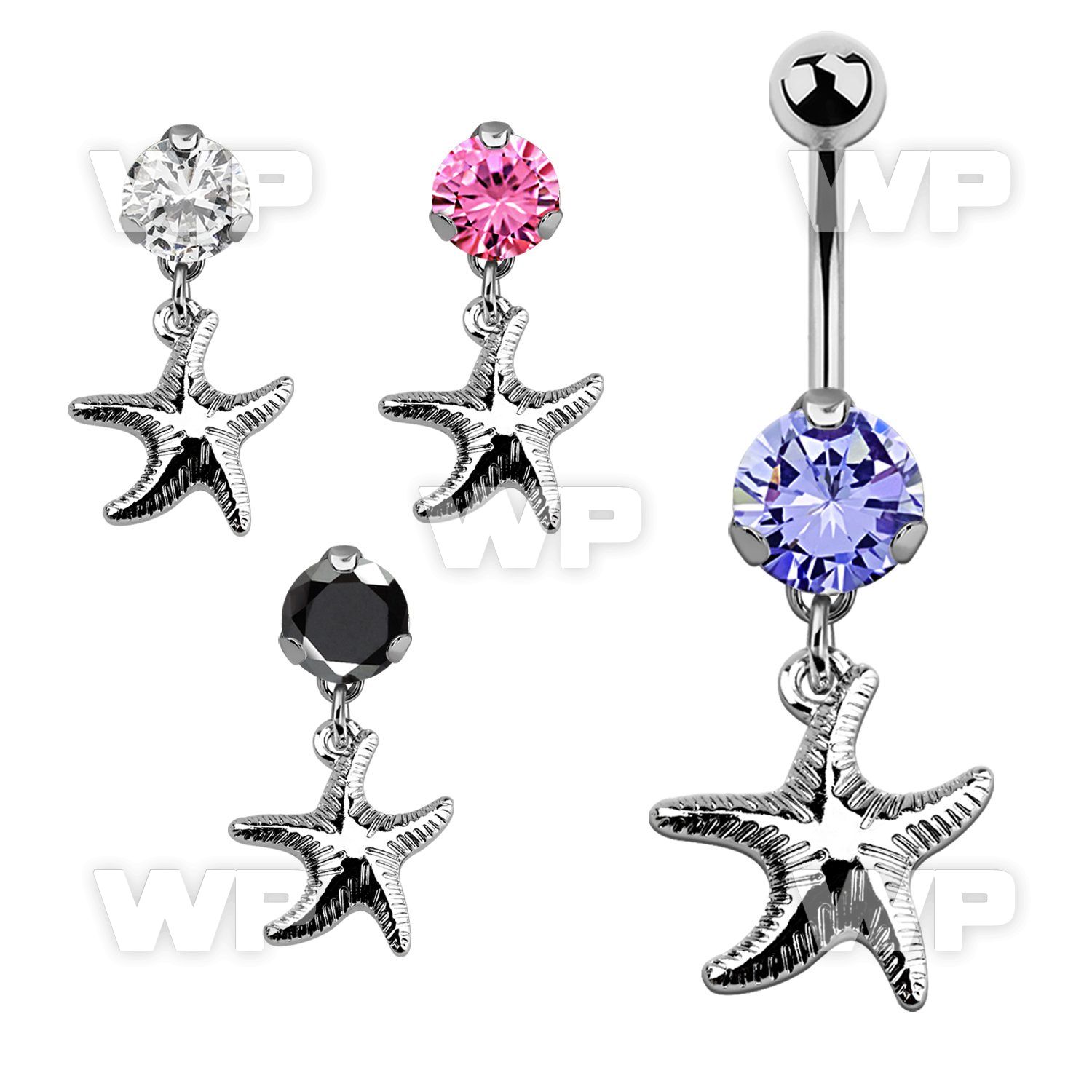 bnrz727 casted steel cz belly banana w dangling plain starfish