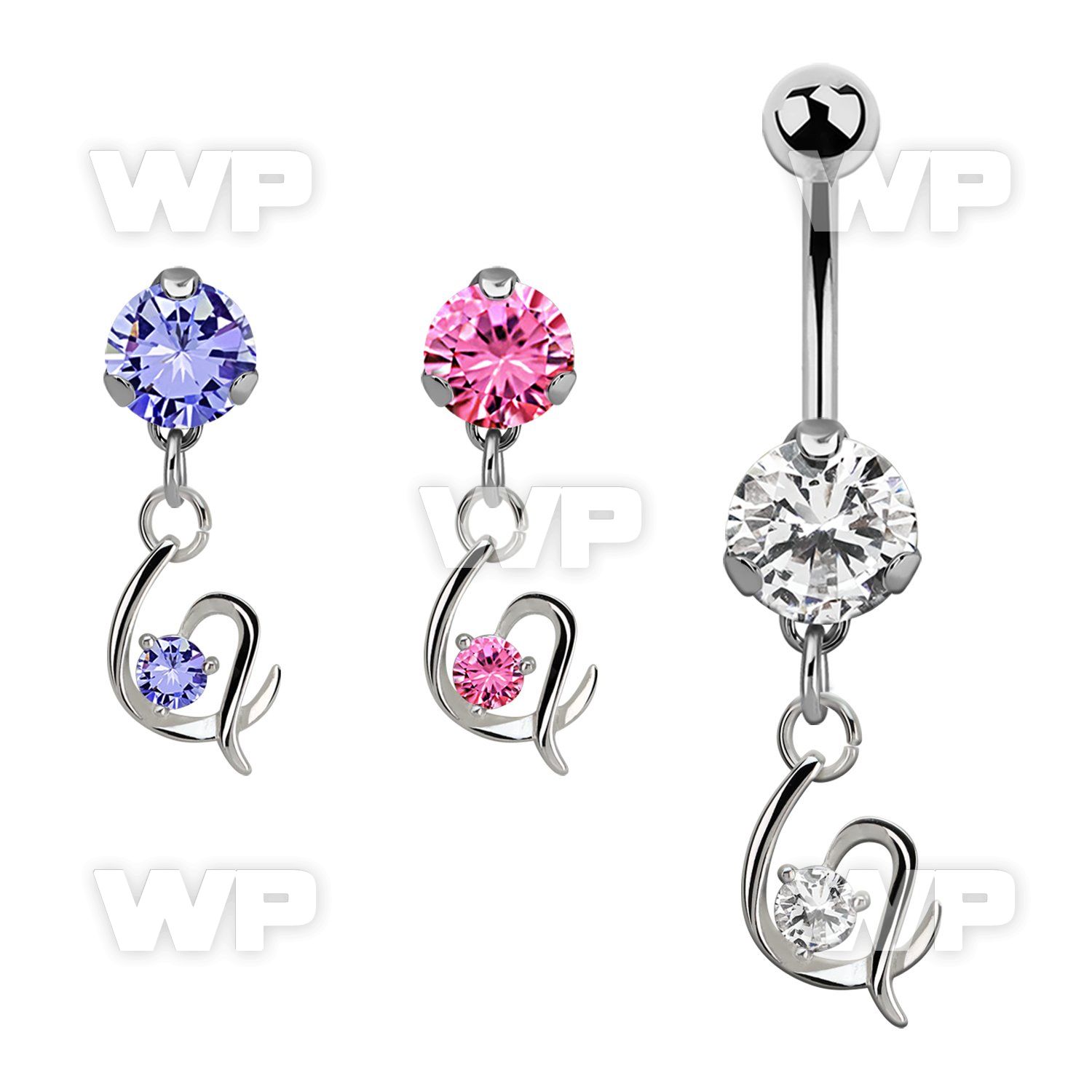 bnrz731 casted steel cz belly banana w fancy heart w single cz 