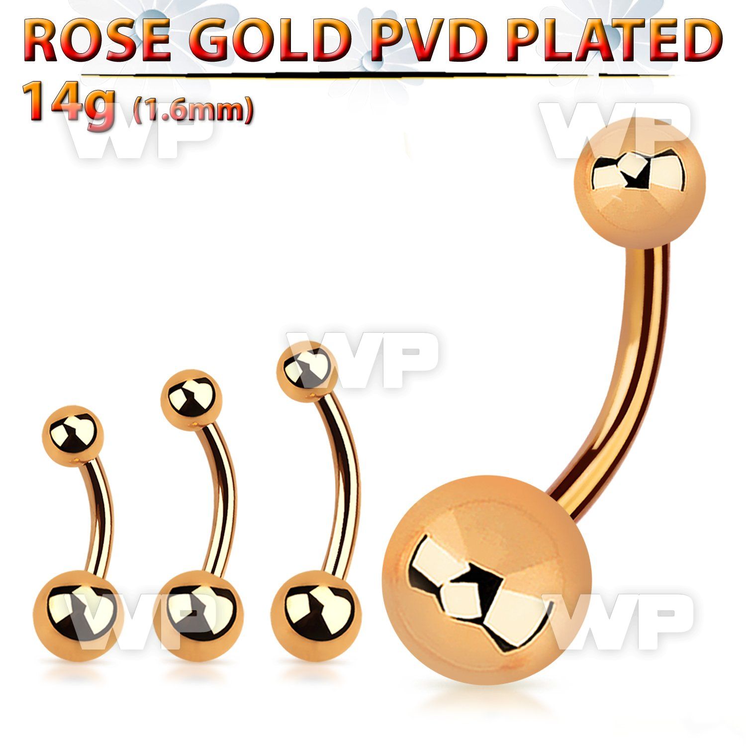 bnttg rose gold steel belly banana with 5mm 8mm balls