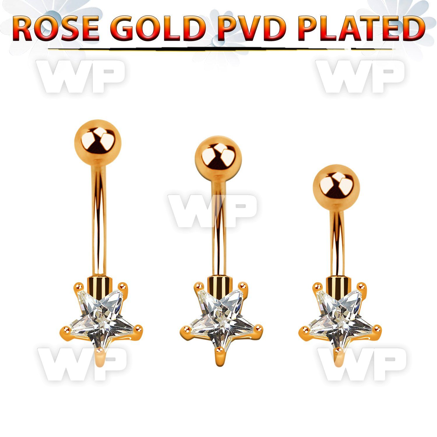 bnttstz rose gold steel belly banana w star shaped prong set cz