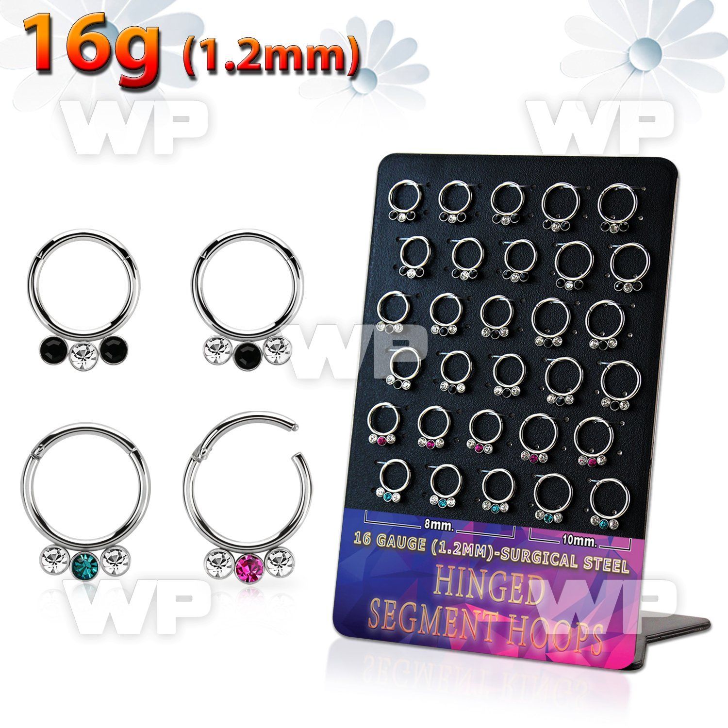 board w steel hinged segment rings w two color crystals 