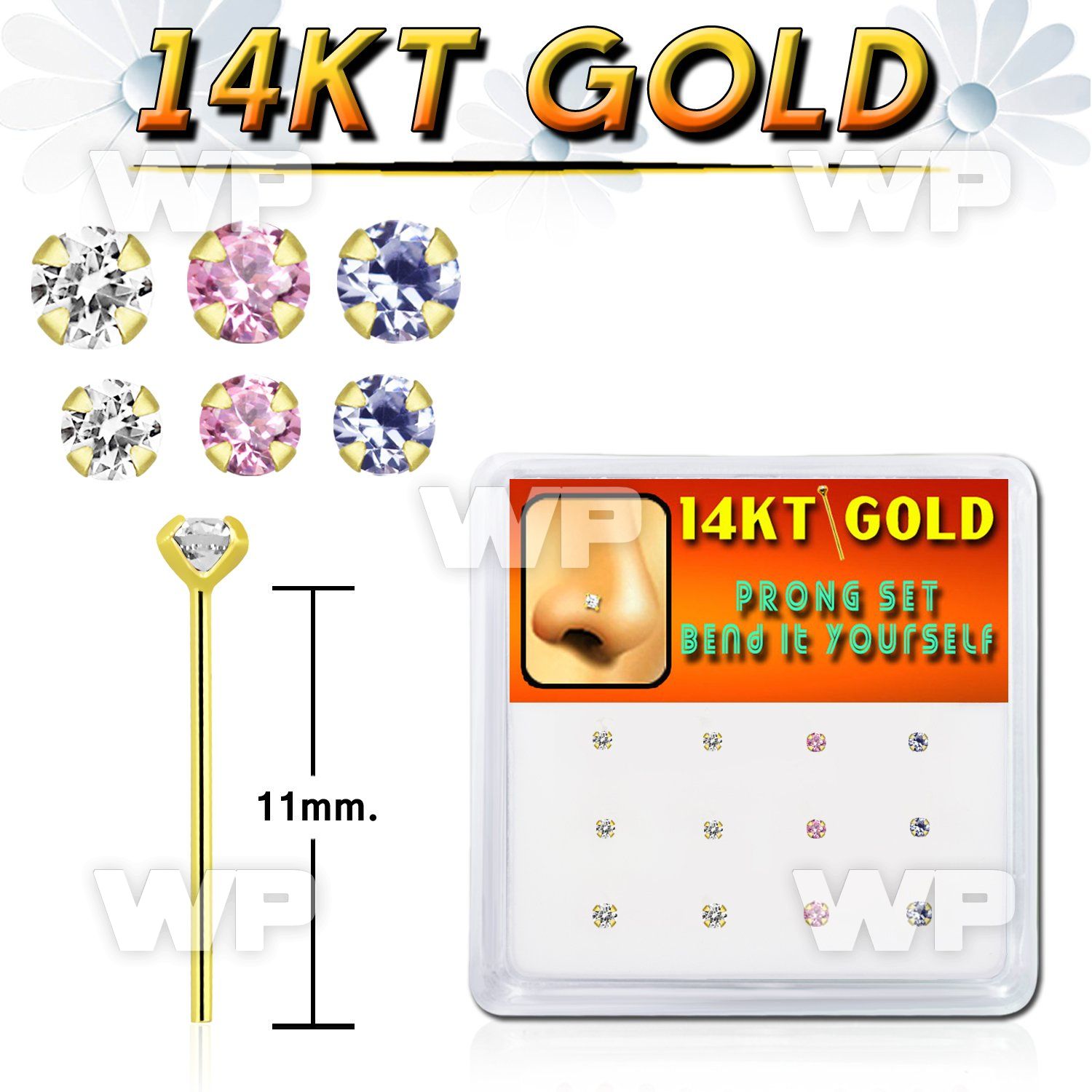 box  14kt gold bend it nose stud w 1.5 & 2mm color czs