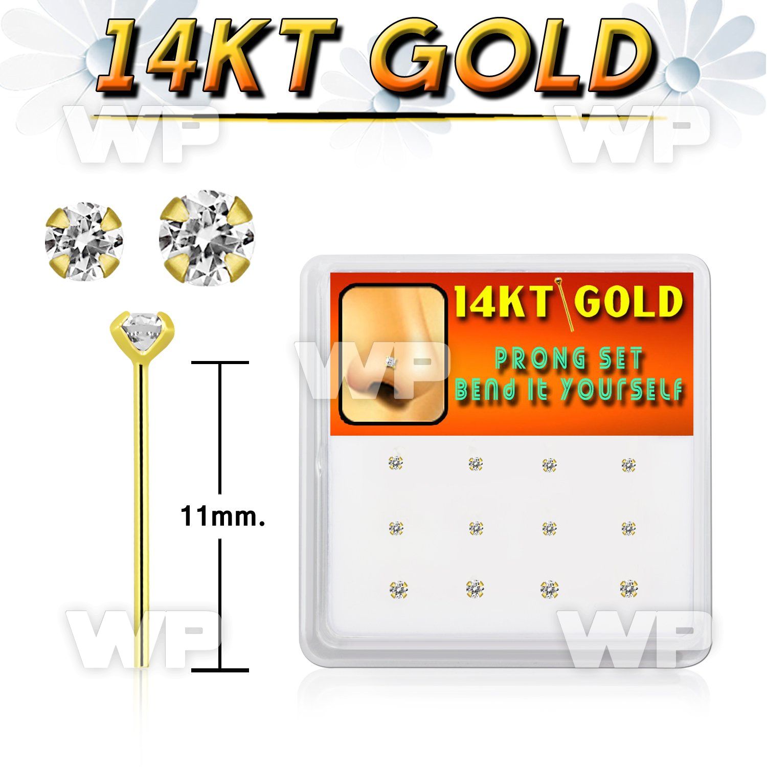 box  14kt gold bend it nose stud w 1.5 & 2mm prong set cz