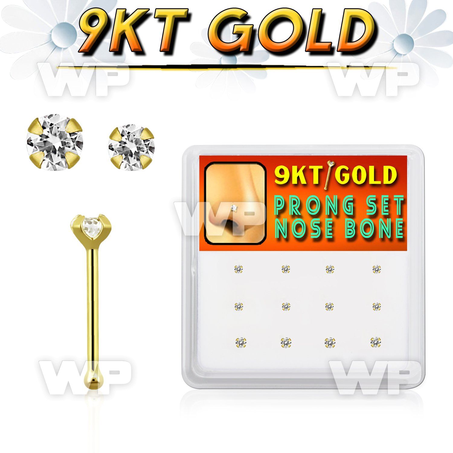 box  9kt gold nose bones w 1.5mm & 2mm prong set czs