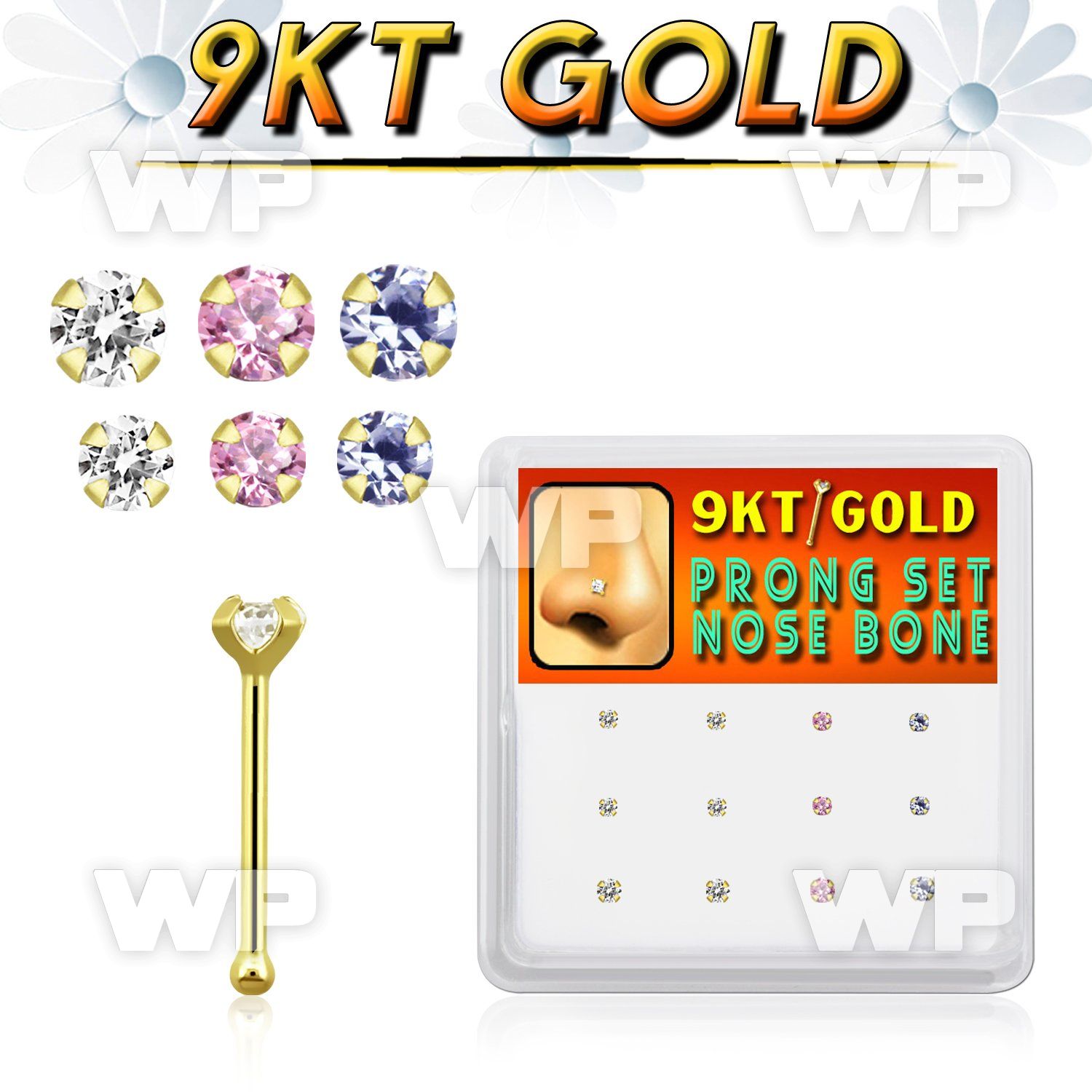 box  9kt gold nose bones w 1.5mm & 2mm prong set mix czs