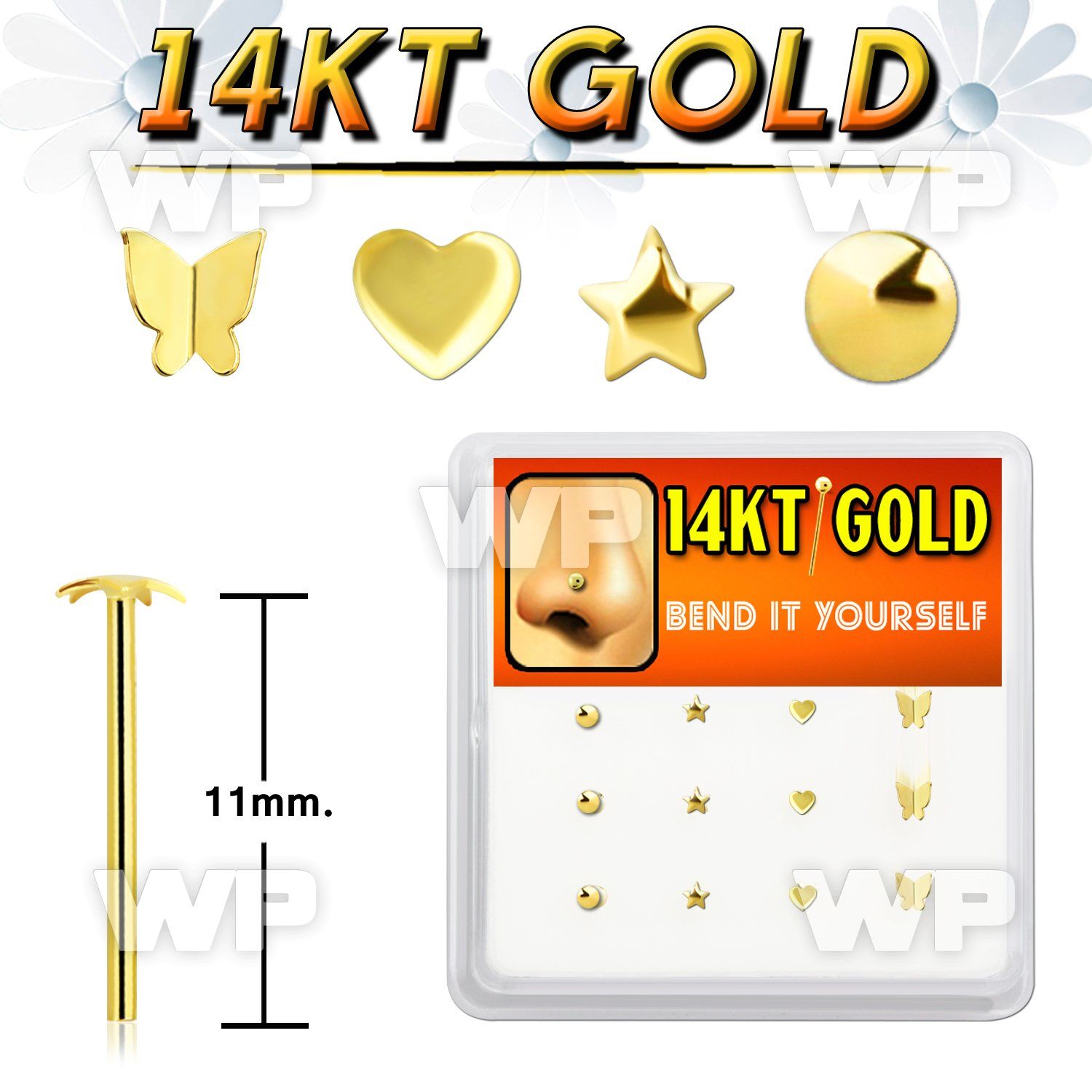 box w 12  14kt gold bend it nose stud w mixed shaped top 