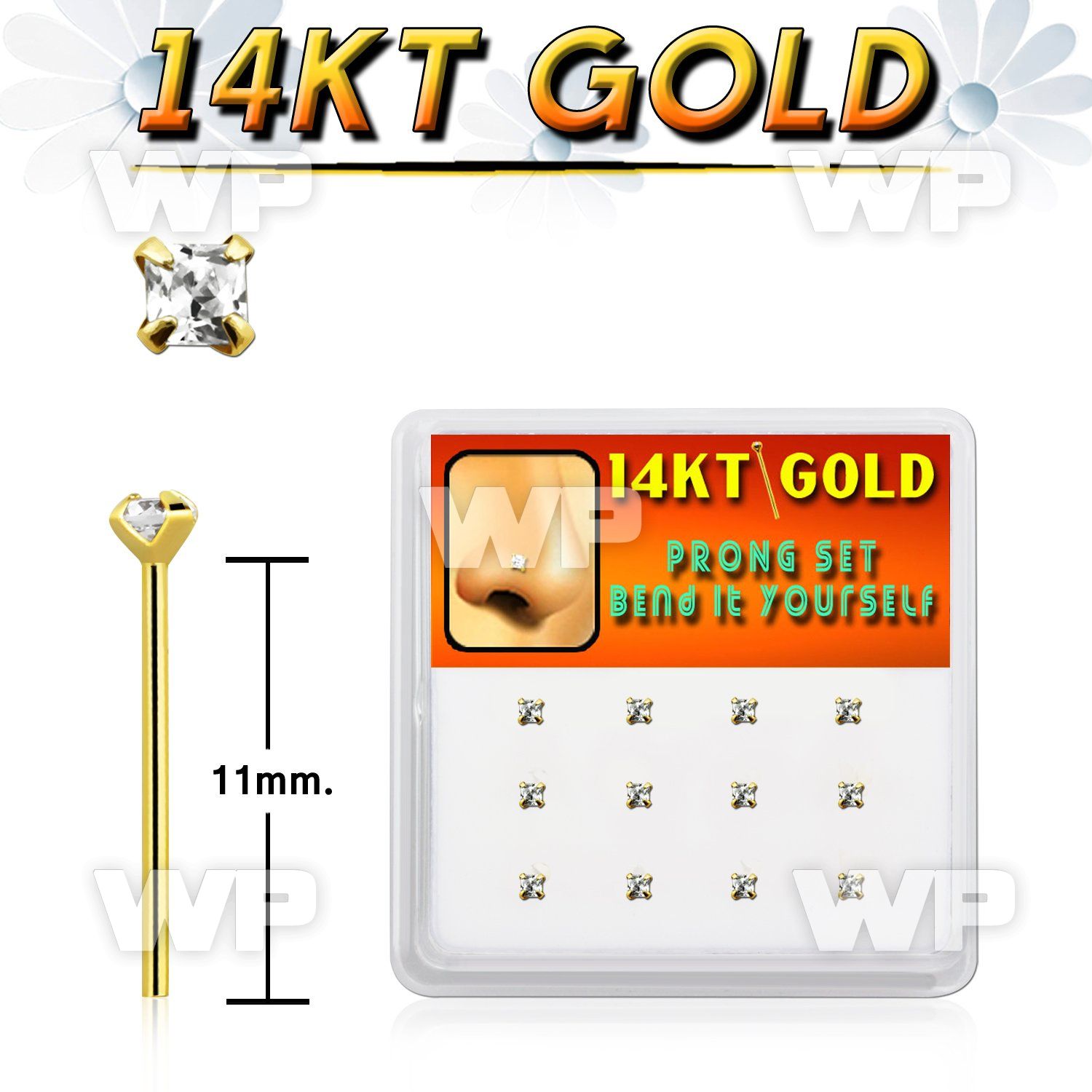 box w 12 14kt gold bend it nose studs w 2mm round czs 