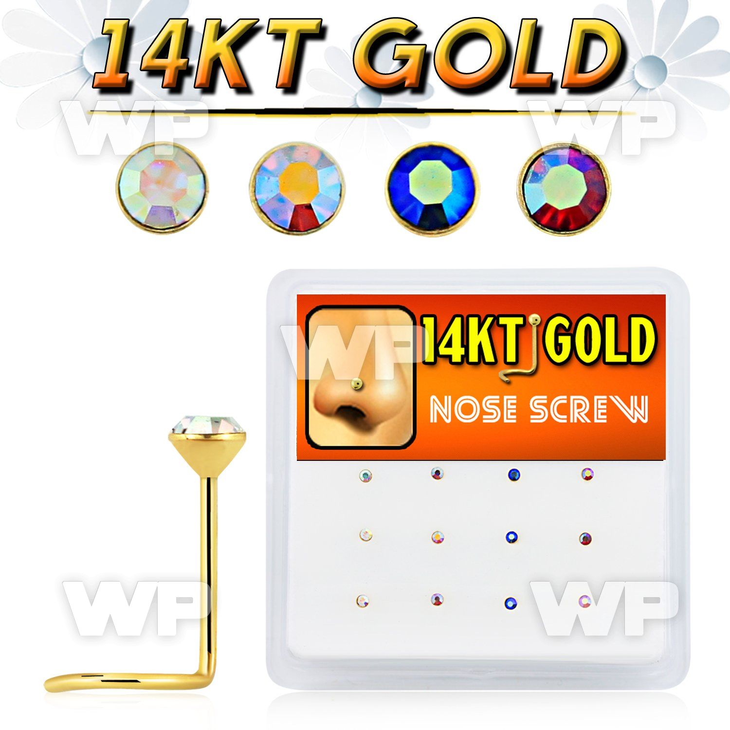 box w 12 14kt gold nose screw w 1.5mm ab crystal tops 
