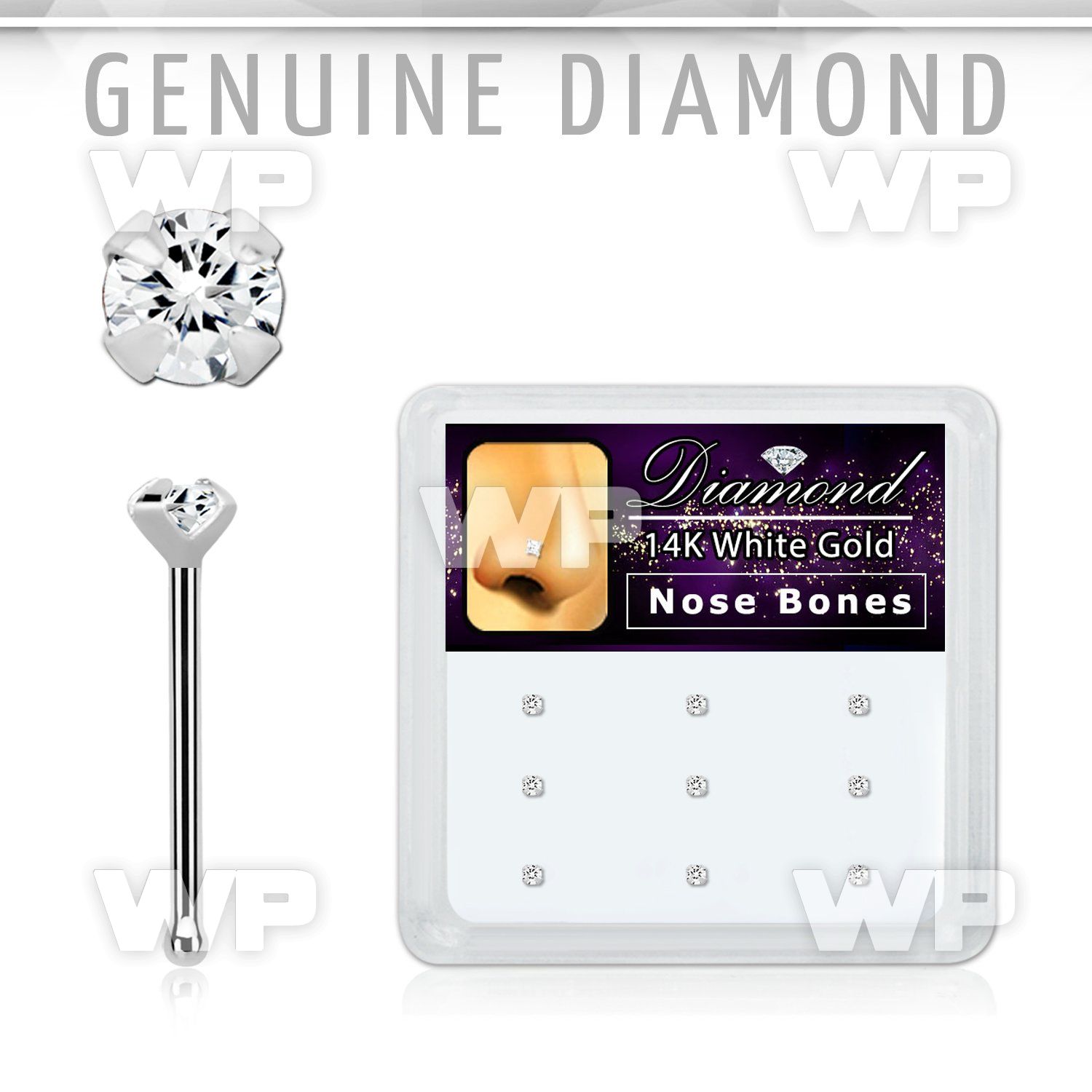 box w 12  white gold nose bones w 1.5 real diamonds