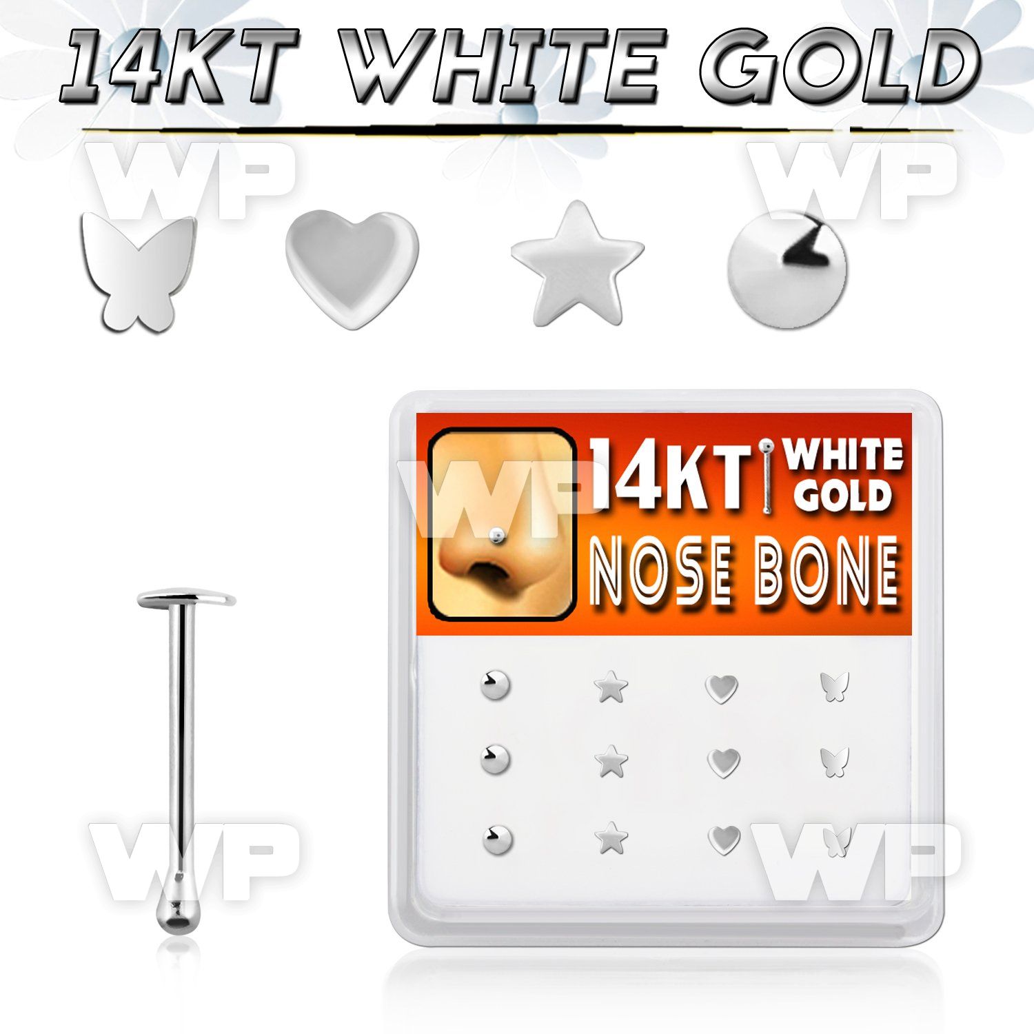 box w 12 white gold nose bones w mixed shaped tops