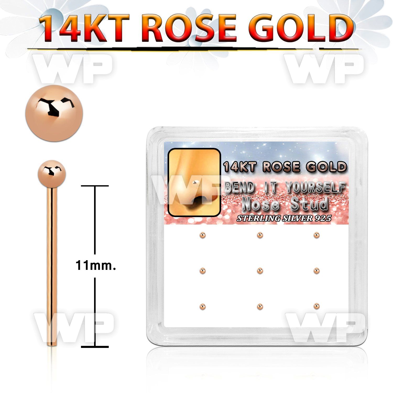 box w 14kt rose gold nose bend it nose stud w 1.5mm ball