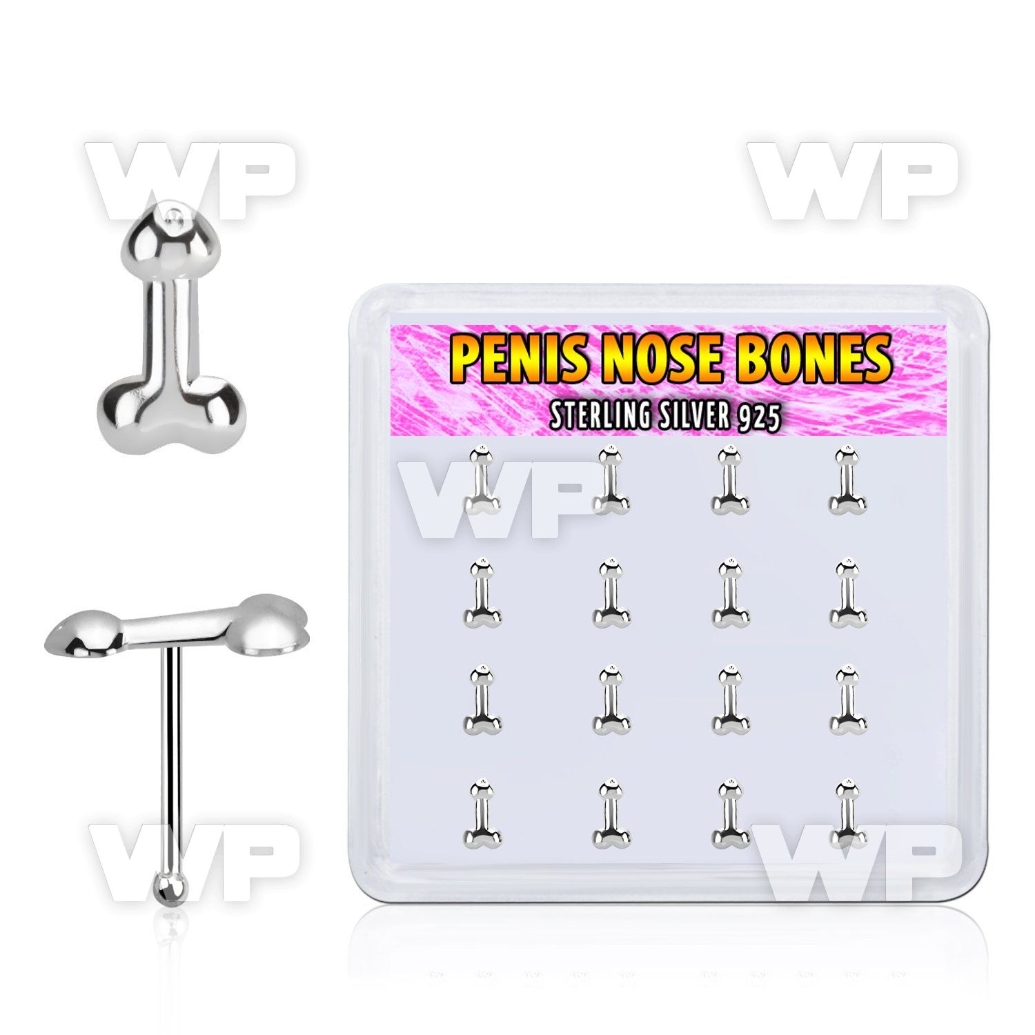 box w 16 pcs. silver nose bones, 22g w penis shape top