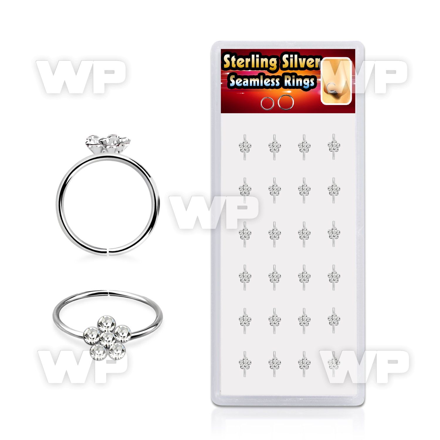box w 24 silver seamless nose hoop w clear crystal flower