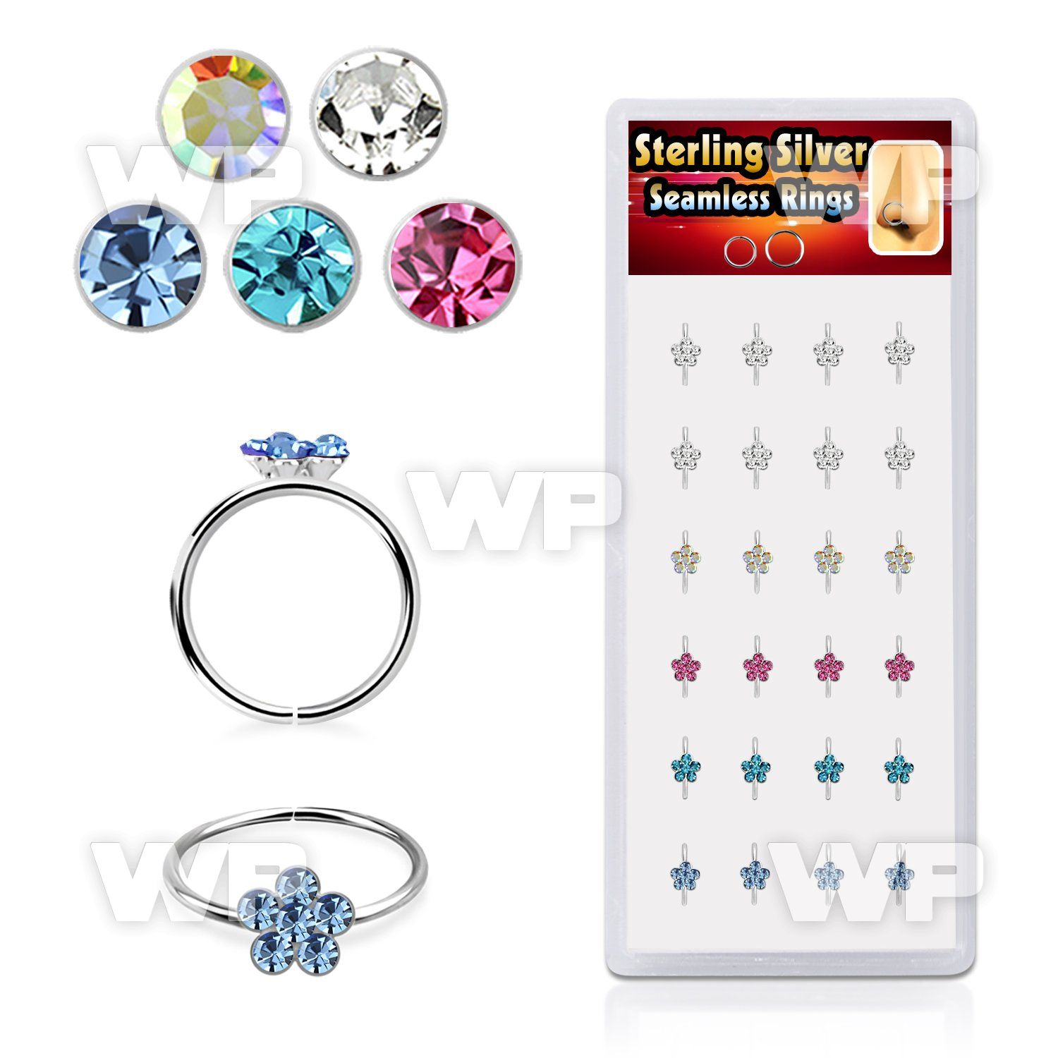 box w 24 silver seamless nose hoop w crystal flowers 