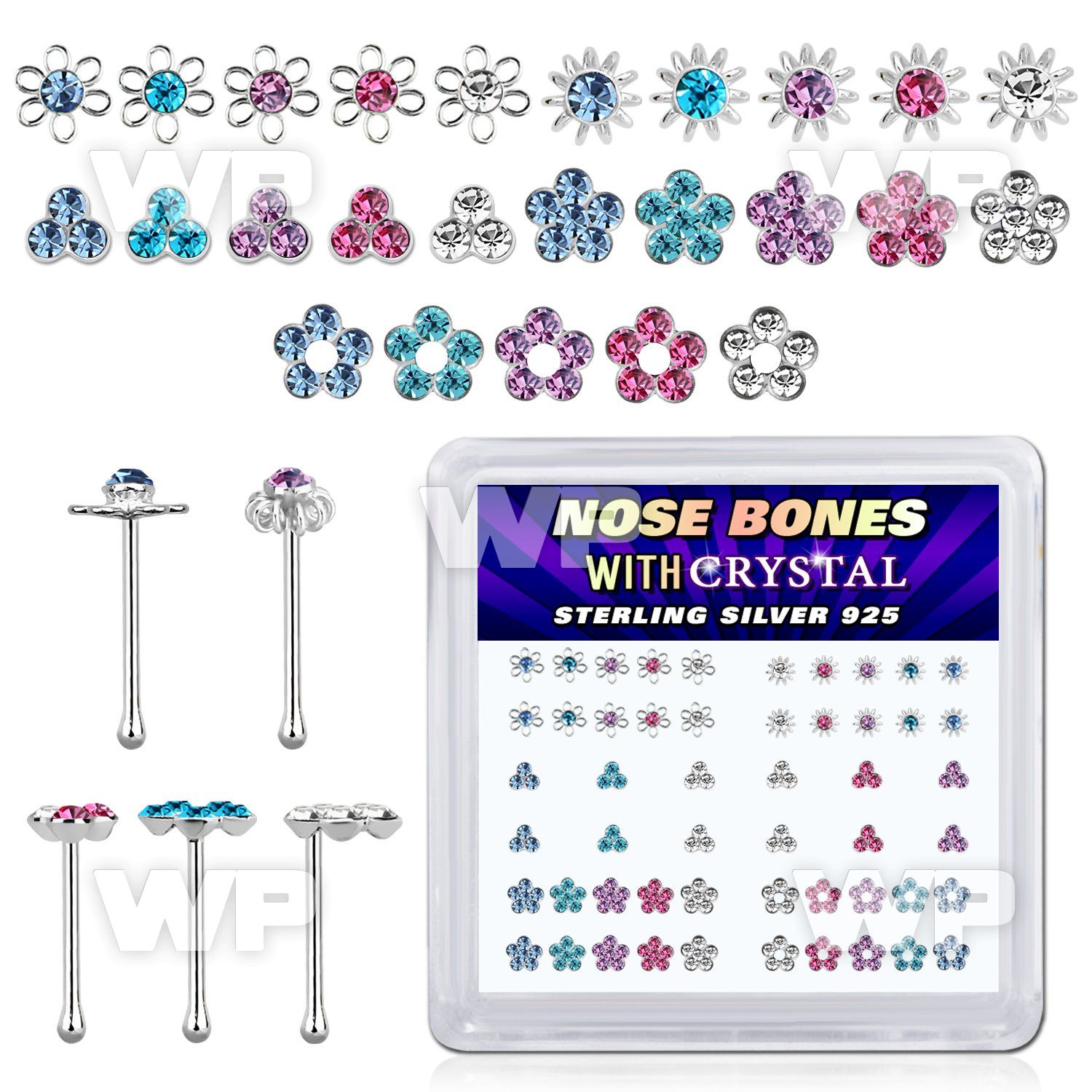 box w 52 silver nose bones w flower crystal tops