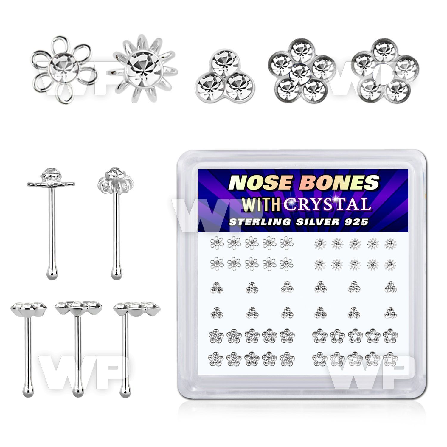 box w 52 silver nose bones w flower crystal tops in clear
