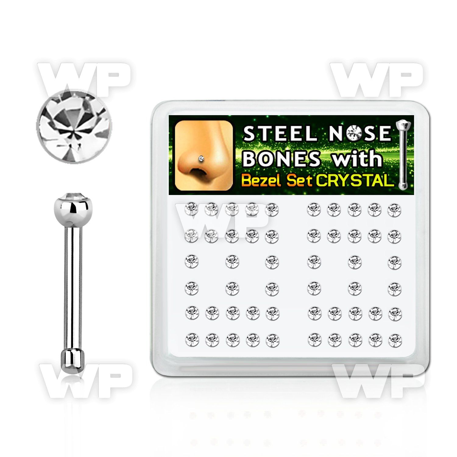 box w 52 steel nose bones w 2mm bezel set crystals tops 