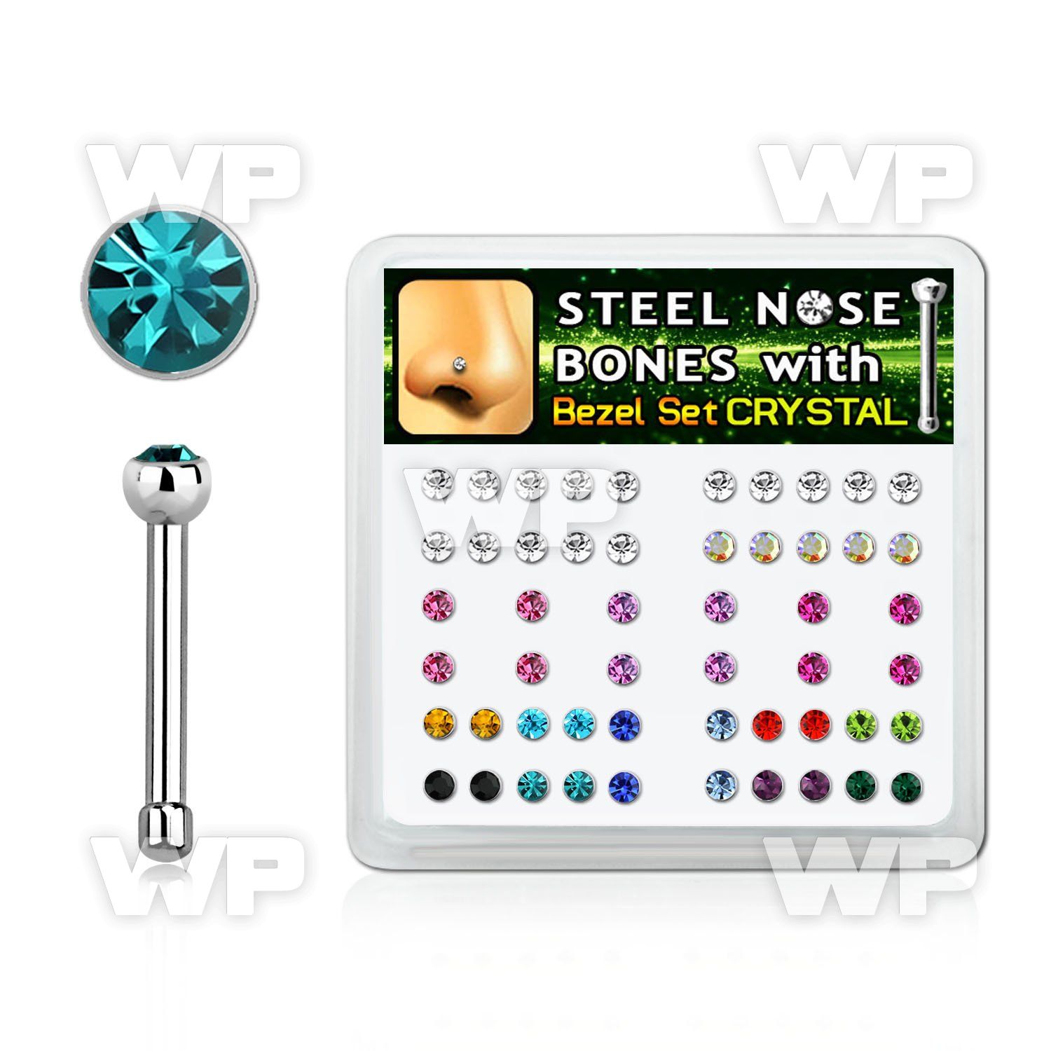 box w 52 steel nose bones w 2mm mixed bezel set crystals
