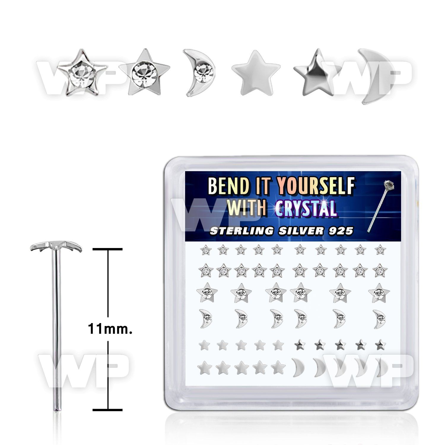 box w silver bend it nose studs w star & moon clear tops