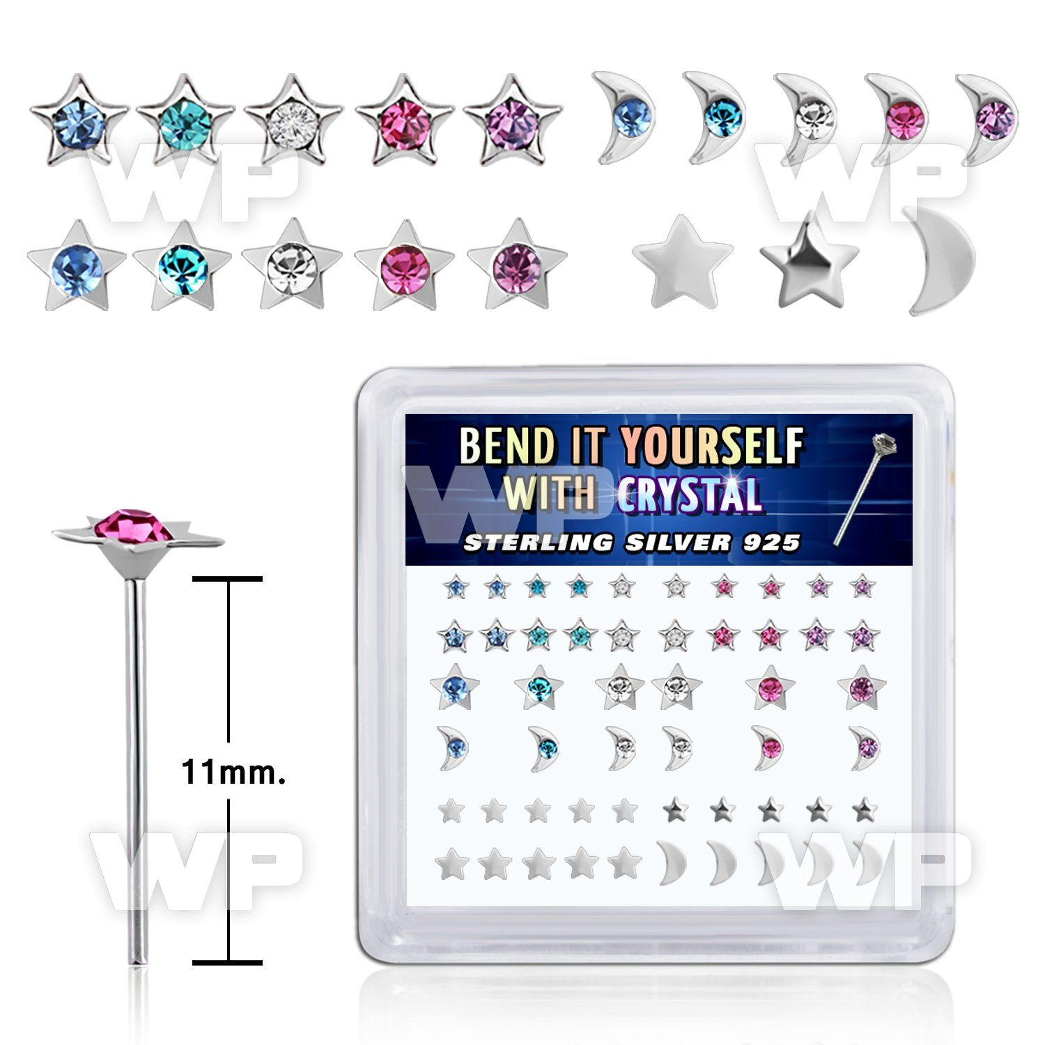 box w silver bend it nose studs w star & moon shaped tops