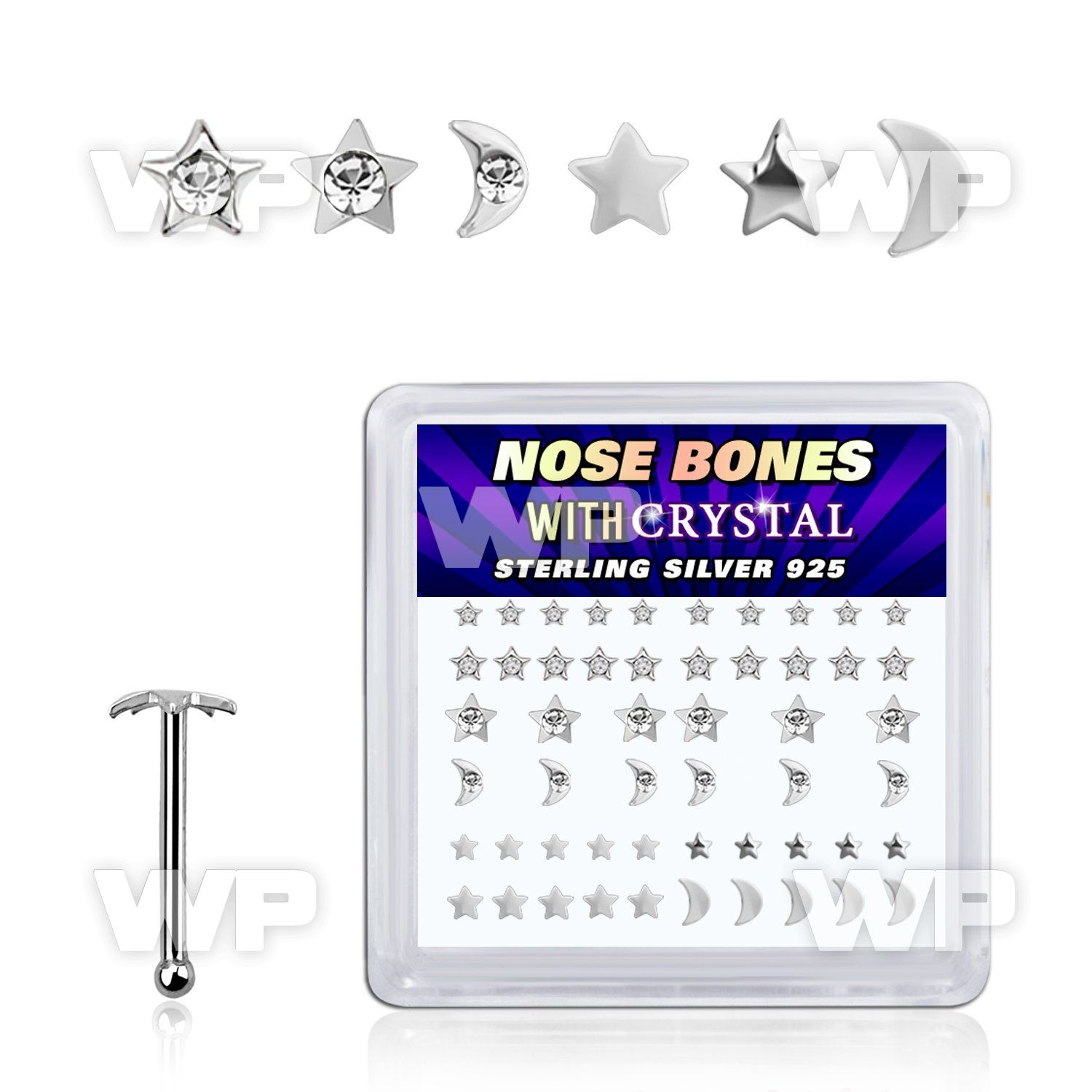 box w silver nose bone w star & moon tops w clear crystal