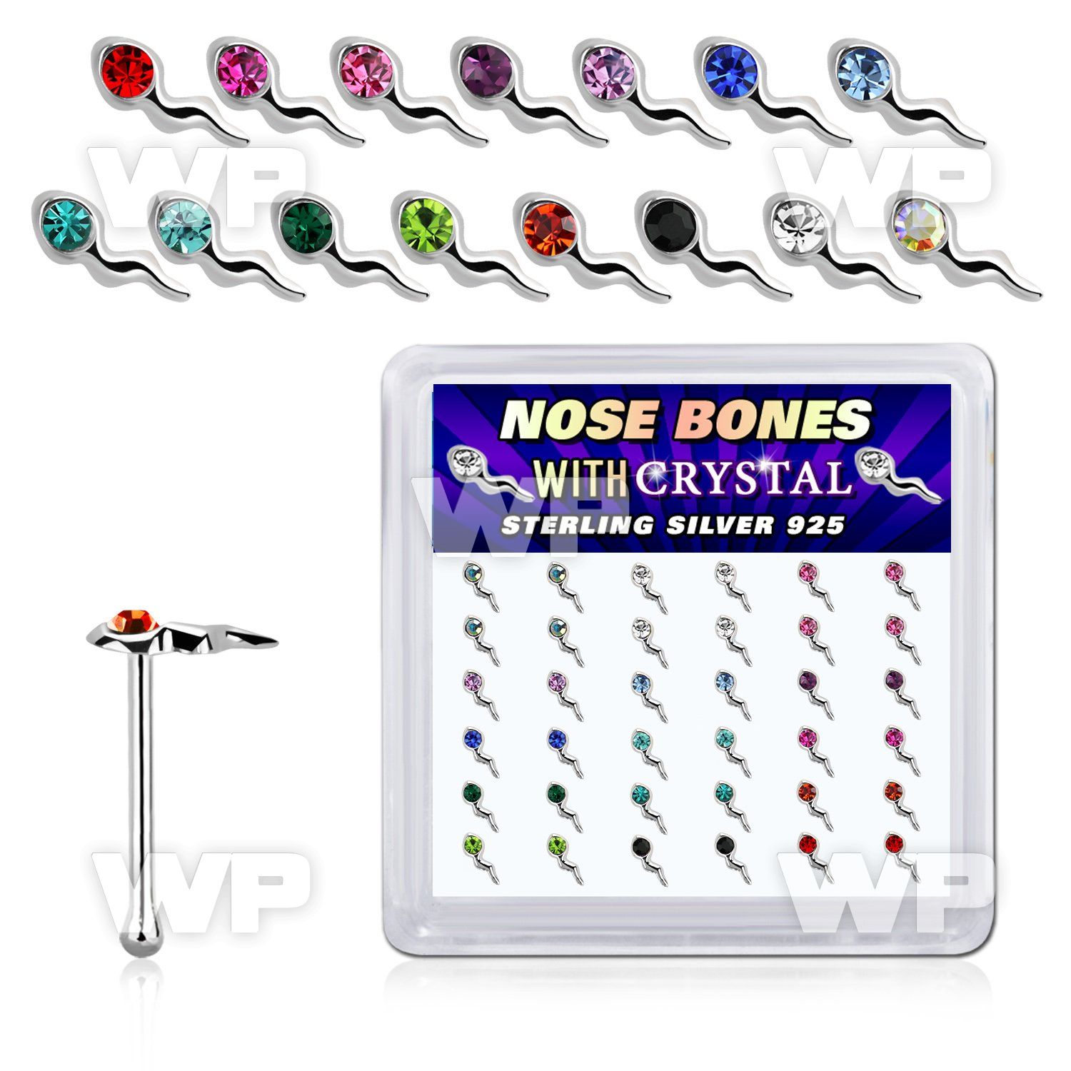 box w silver nose bones w sperm shape color crystal top
