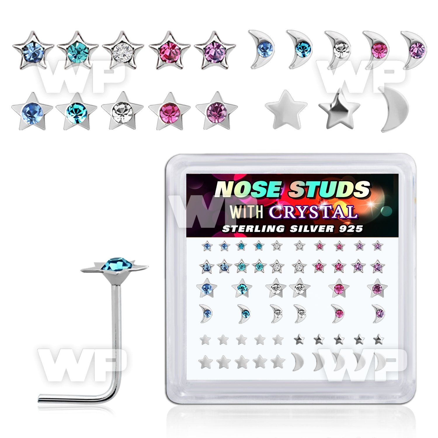 box w silver nose studs w star & moon tops w mix crystals