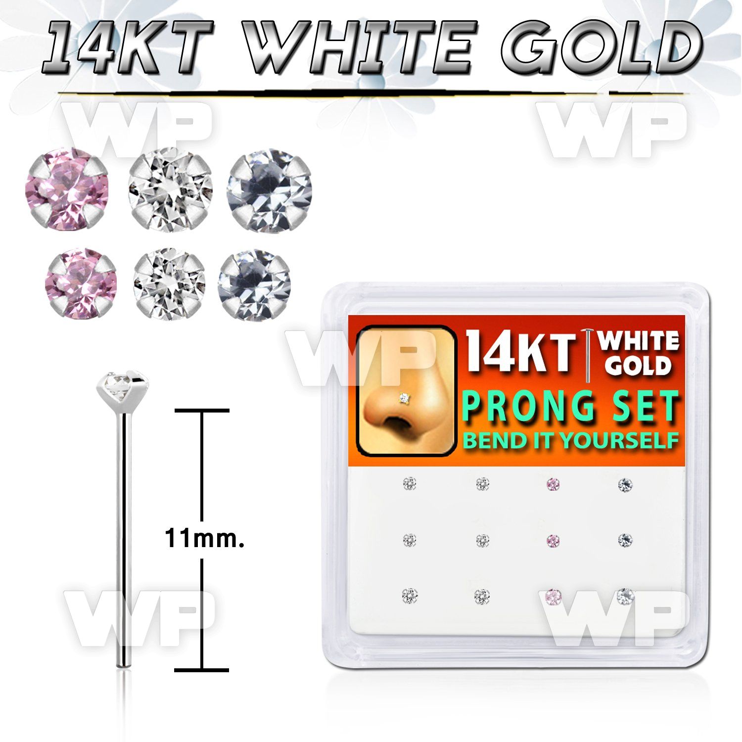 box w white 14kt gold bend it nose stud w 1.5 & 2 mm cz