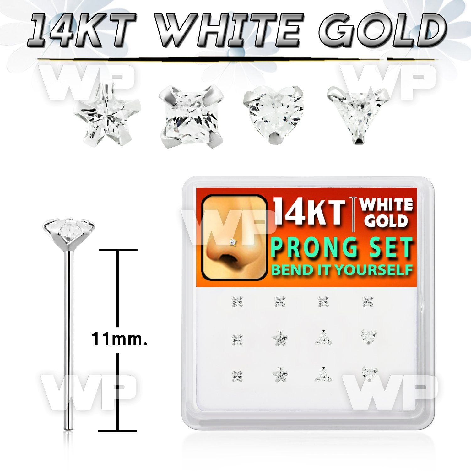 box w white 14kt gold bend it nose studs w prong set czs
