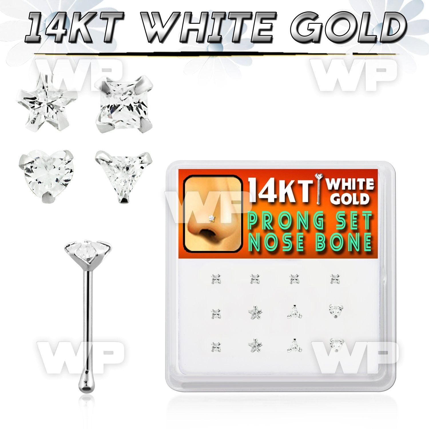 box w white 14kt gold nose bones w assorted prong set cz 