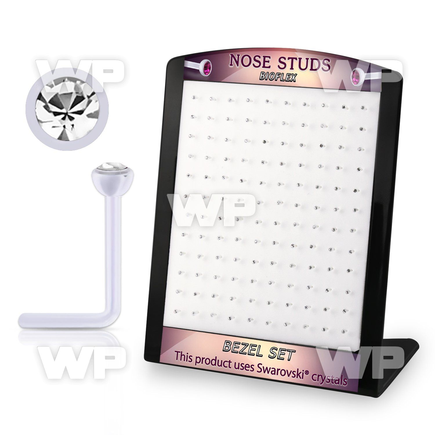 brac21 display w 120 bio  flex nose studs w 2mm clear crystal