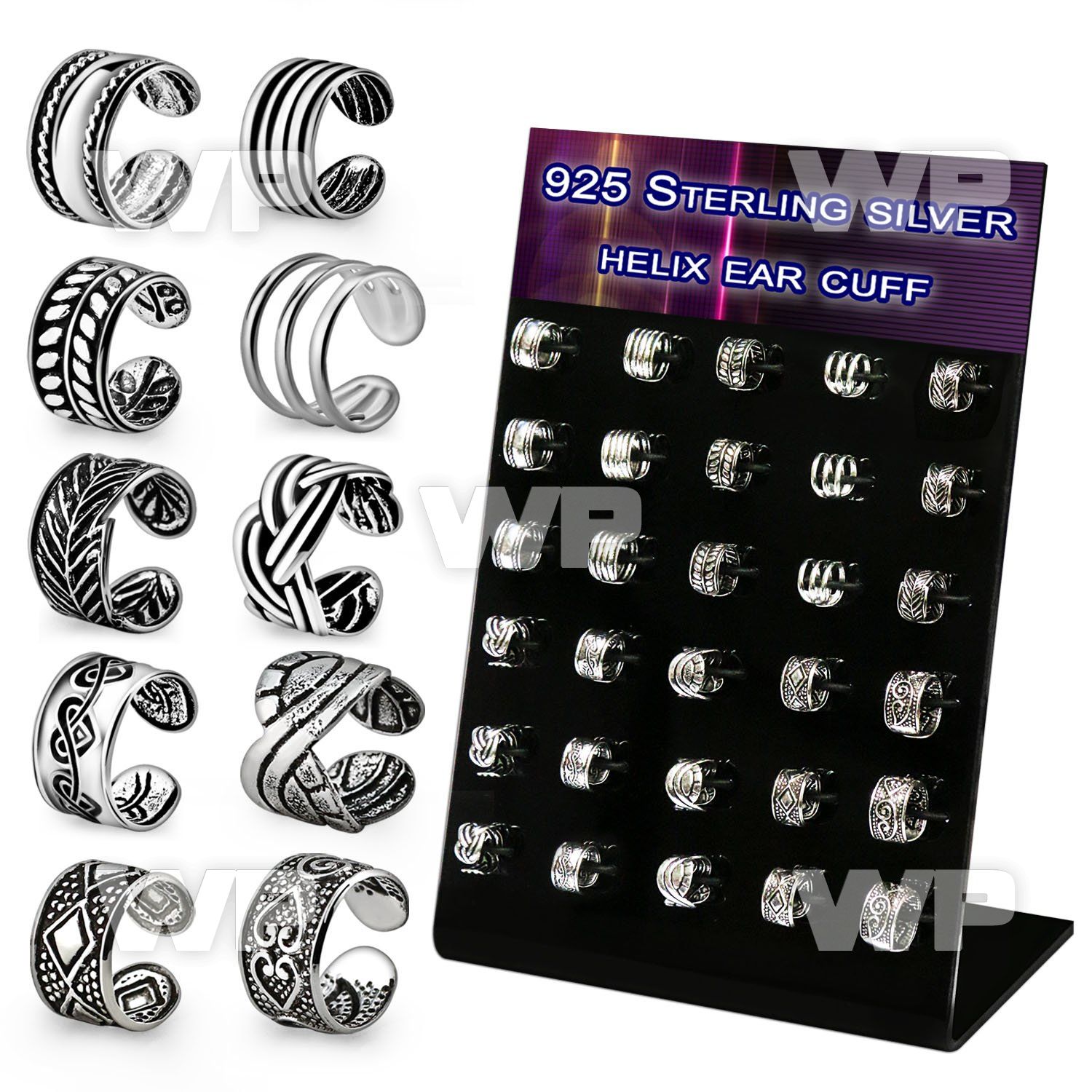 brehvcf display w 30 pcs. of silver helix ear cuff mix designs