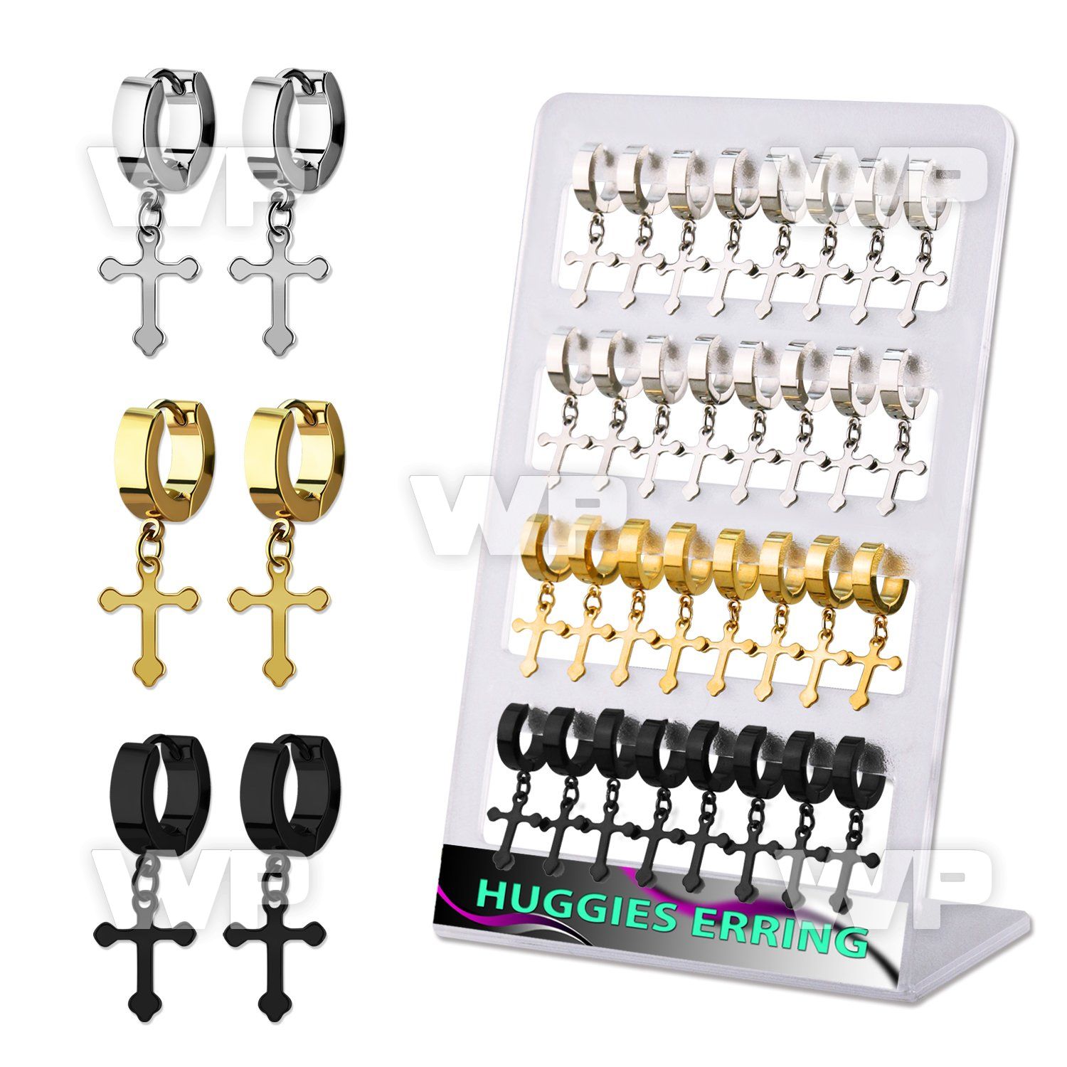 brer34 display w 16 steel huggies w dangling cross