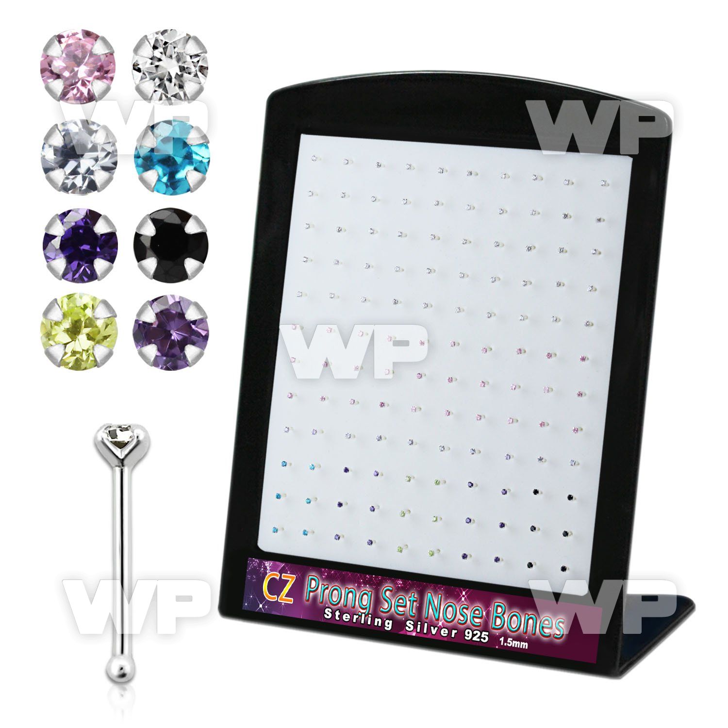 brnbzm2 display w silver nose bones, 22g w 1.5mm mix color czs