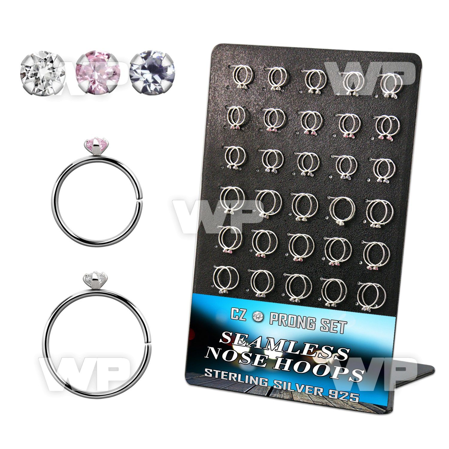 brnhm27 board w 60 silver seamless nose hoop w 2mm color cz