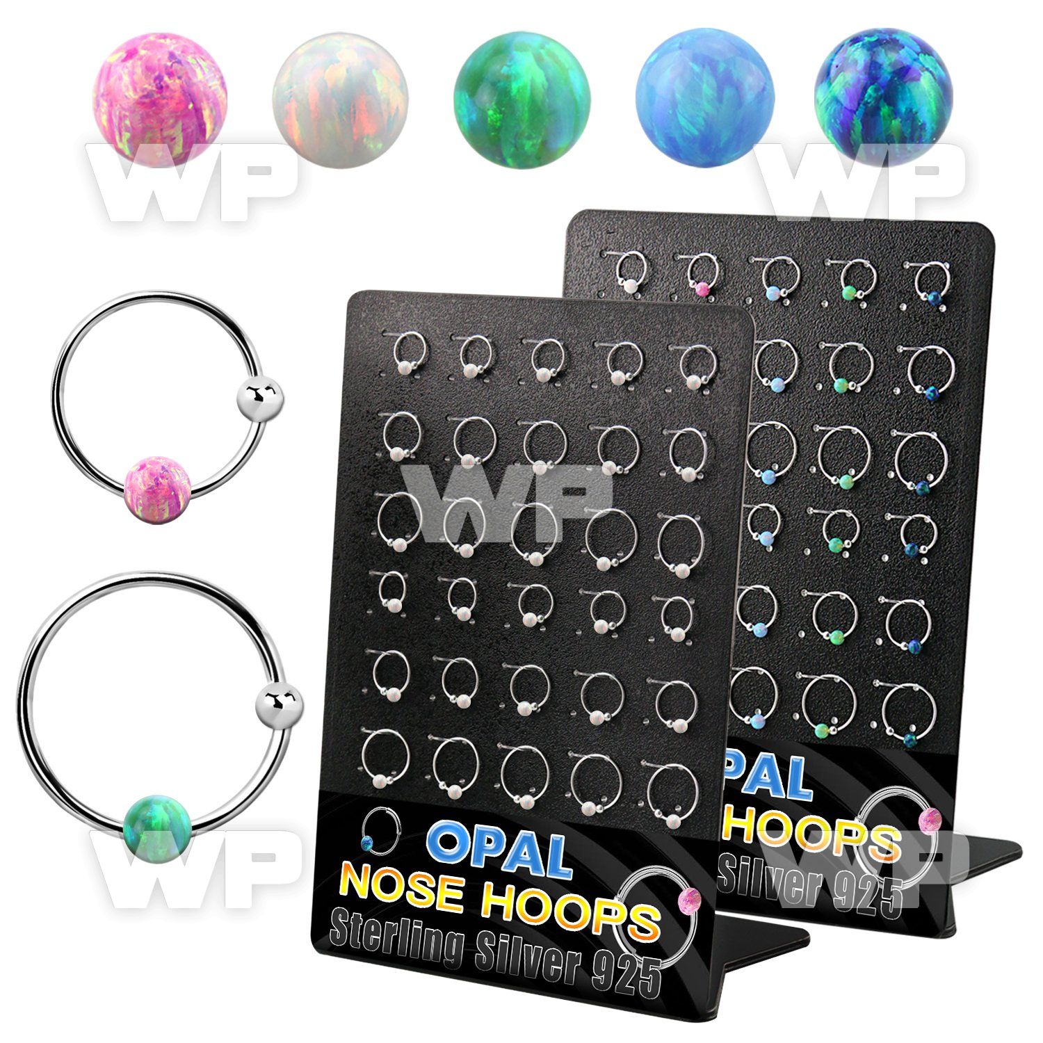 brnhm40 board w 30 silver nose hoops w ballw 3mm synthetic opal