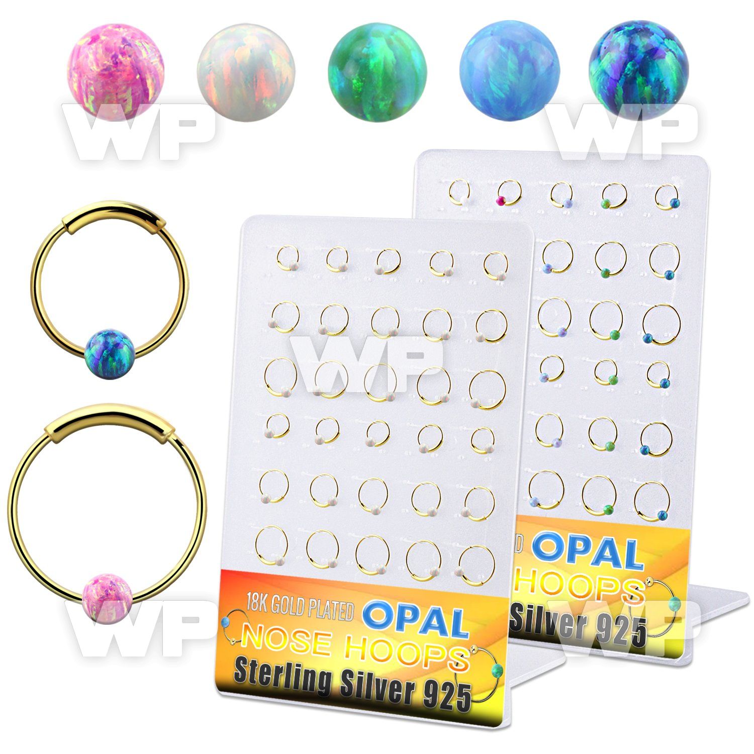 brnhm46 board w 30 gold silver endless nose hoop w 3mm opal ball