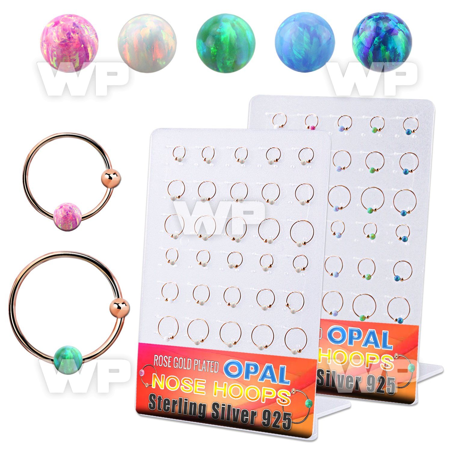brnhm48 board w 30 rose gold silver nose hoops w 3mm opal ball