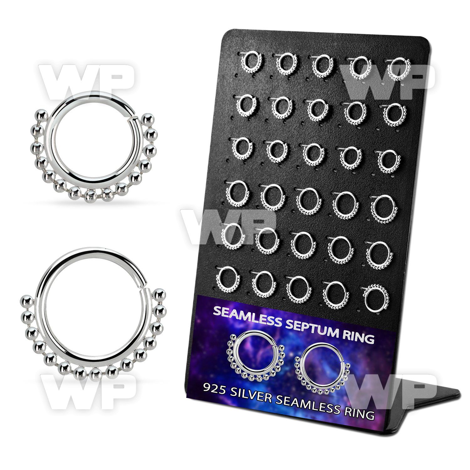 brnhm54 board w 30 silver septum seamless rings w small beads