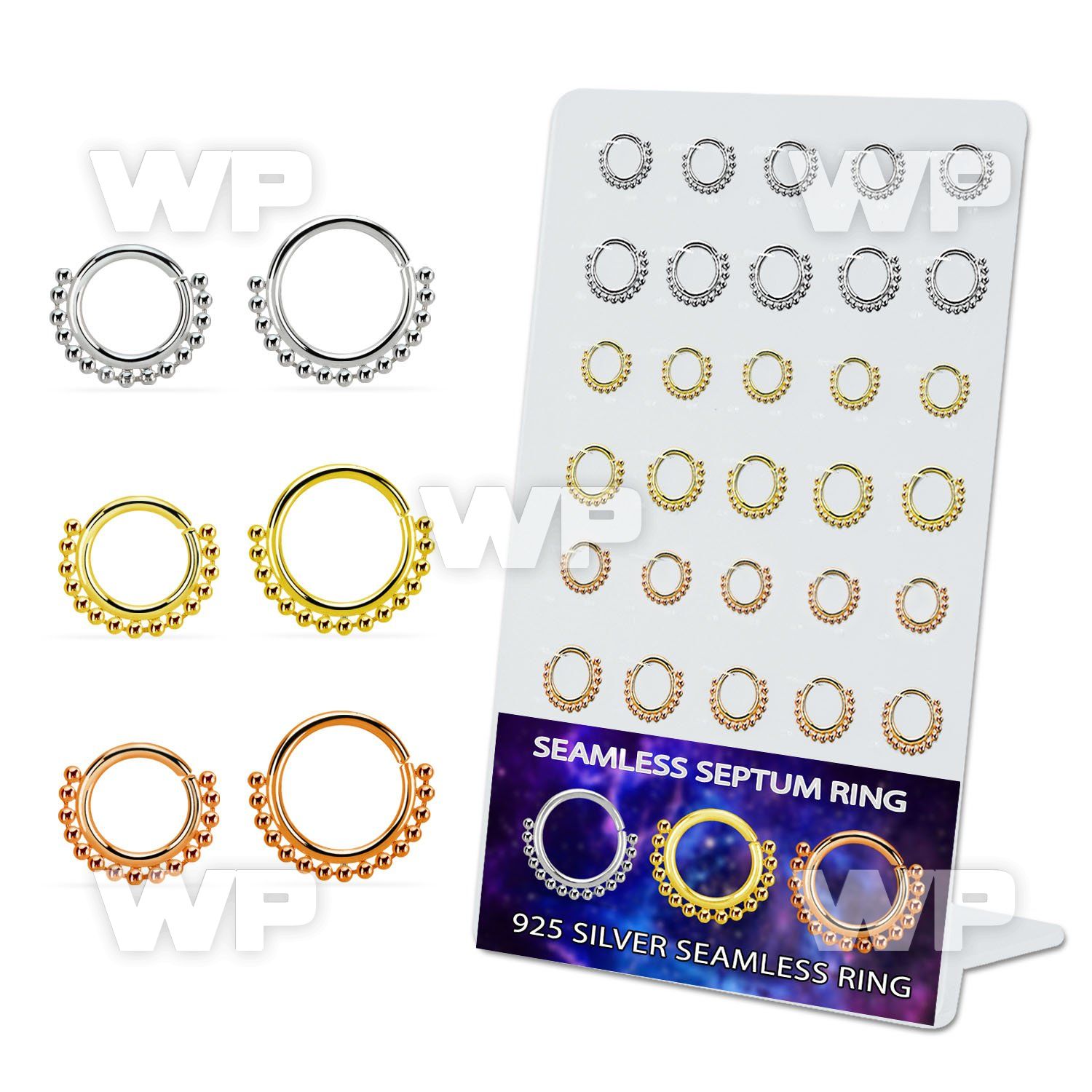 brnhm55 board w 30 plated silver septum seamless ring w beads