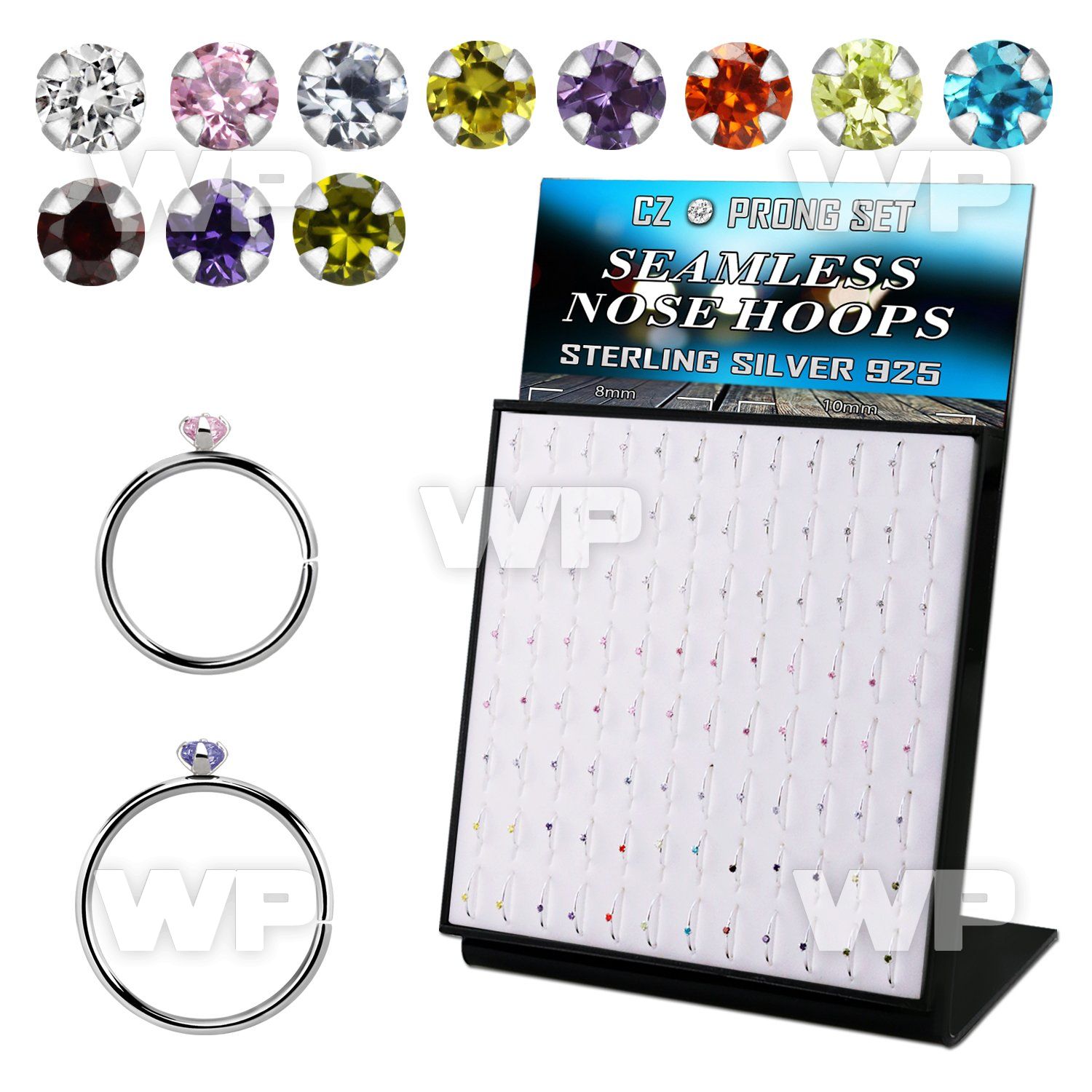 brnhmx35 board w 96 silver seamless nose hoop w 1.5mm assorted cz