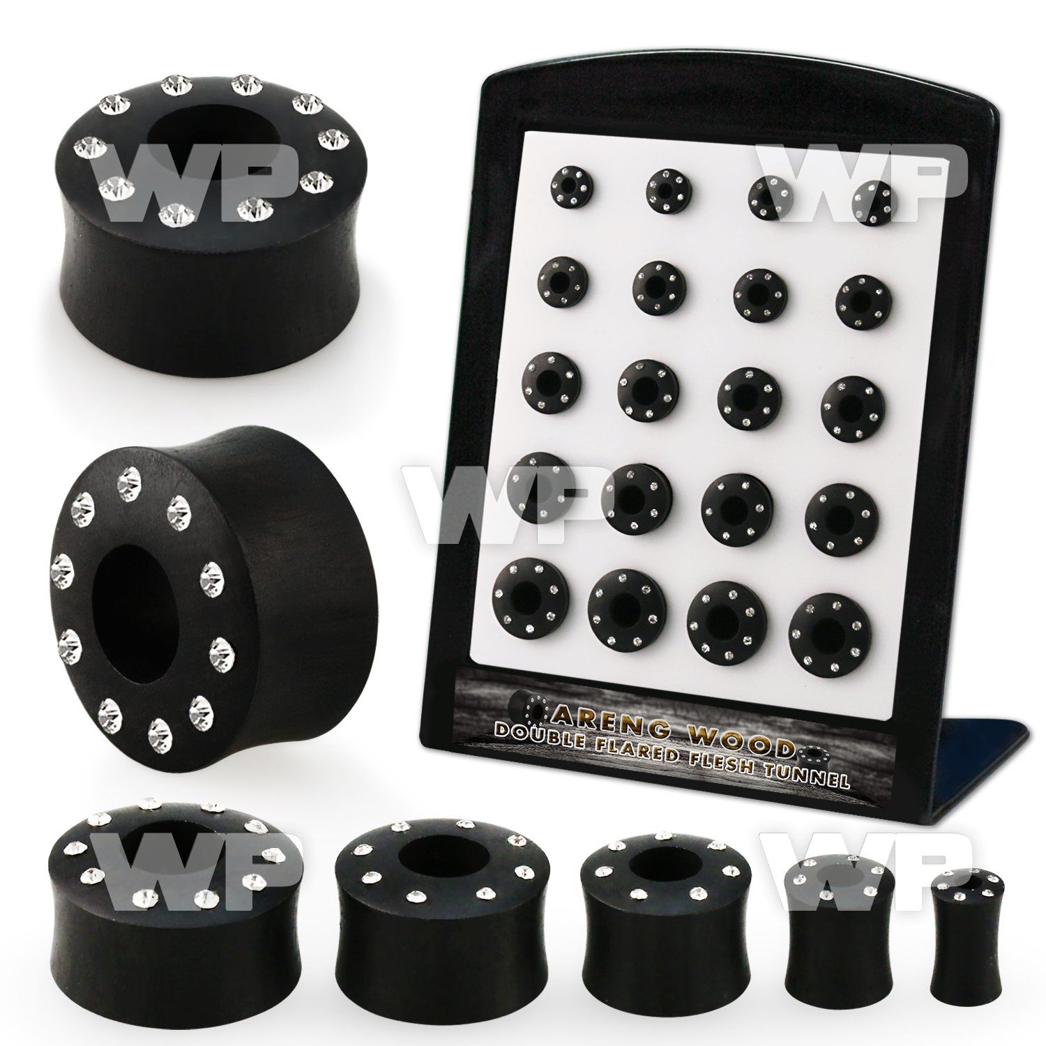 brpg206 display w areng wood double flared flesh tunnel crystal