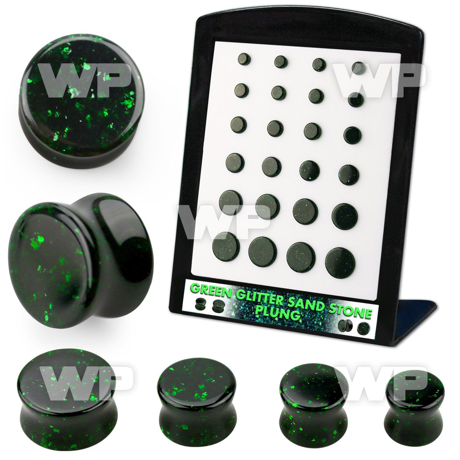 brpg209 display w green glitter sand stone double flared plugs